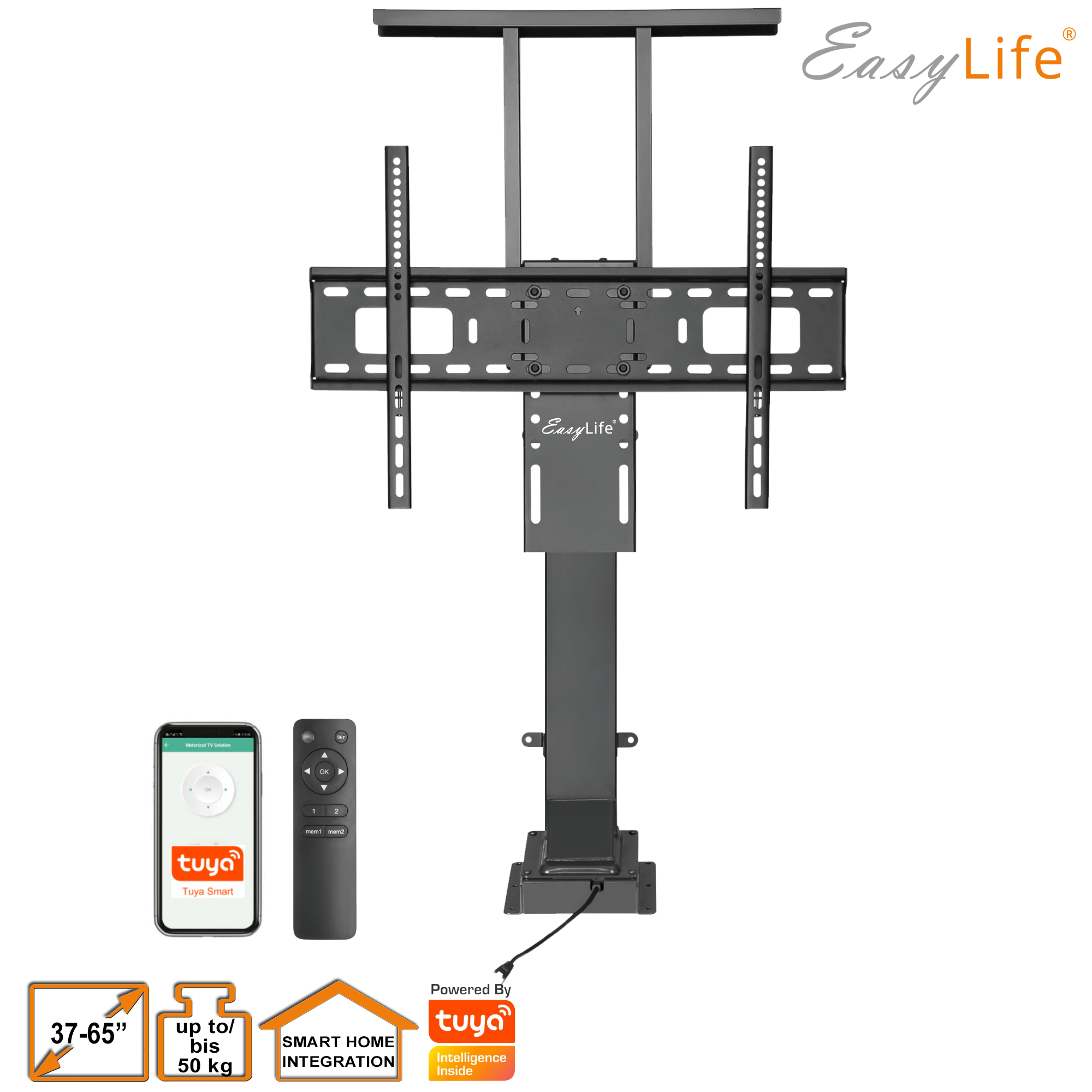 Ein schwarzer TV-Lift mit Fernbedienung, Smartphone-App und Angabe von Bildschirmgröße und Gewicht.