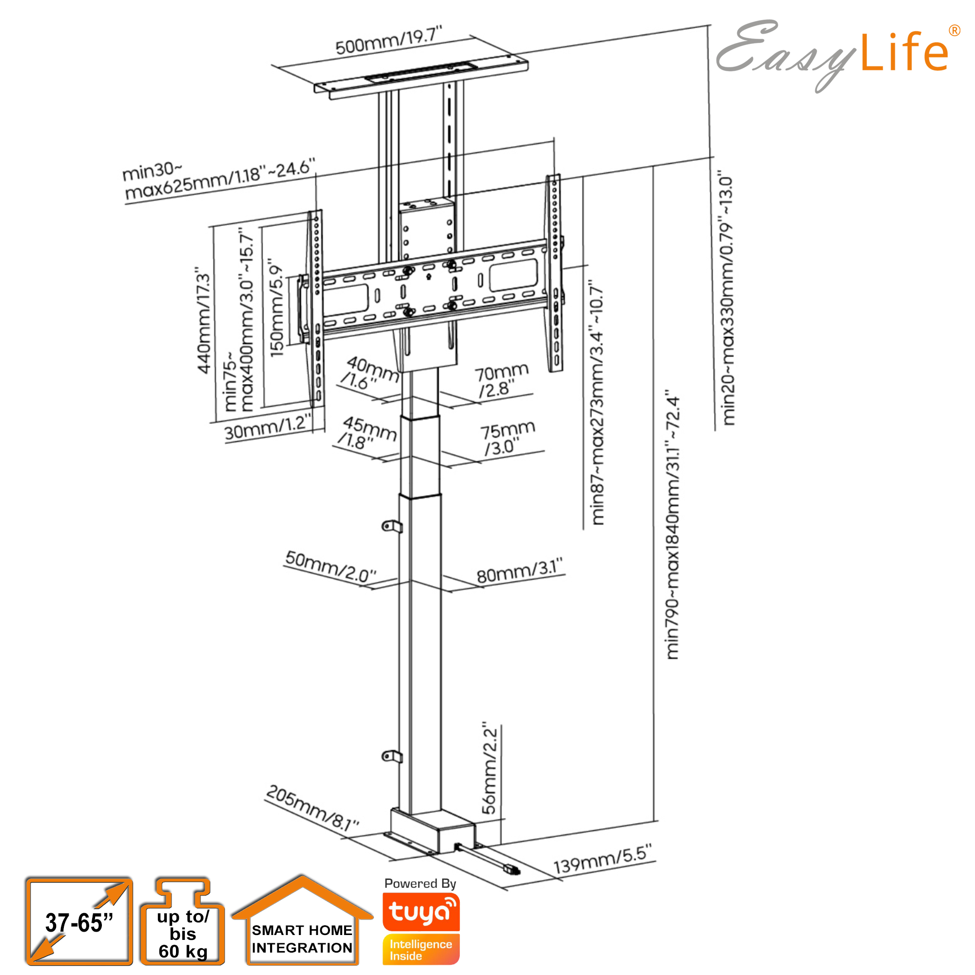 Diagramm mit Abmessungen der TV-Halterung. Text: 'Smart Home Integration' und '37-65"' Bildschirmgröße.