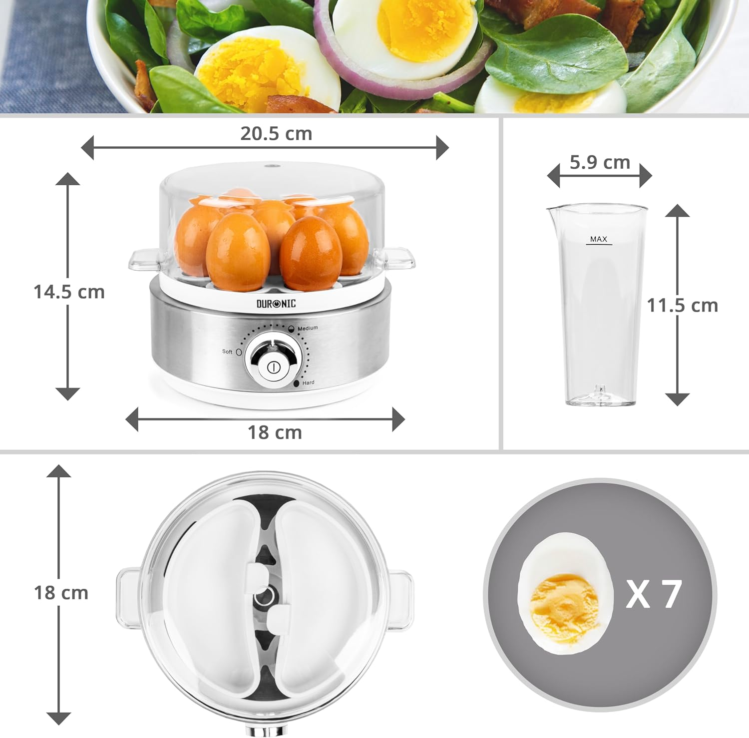 Das Bild zeigt einen Eierkocher mit Eiern und einen Salat mit Eiern im Hintergrund.