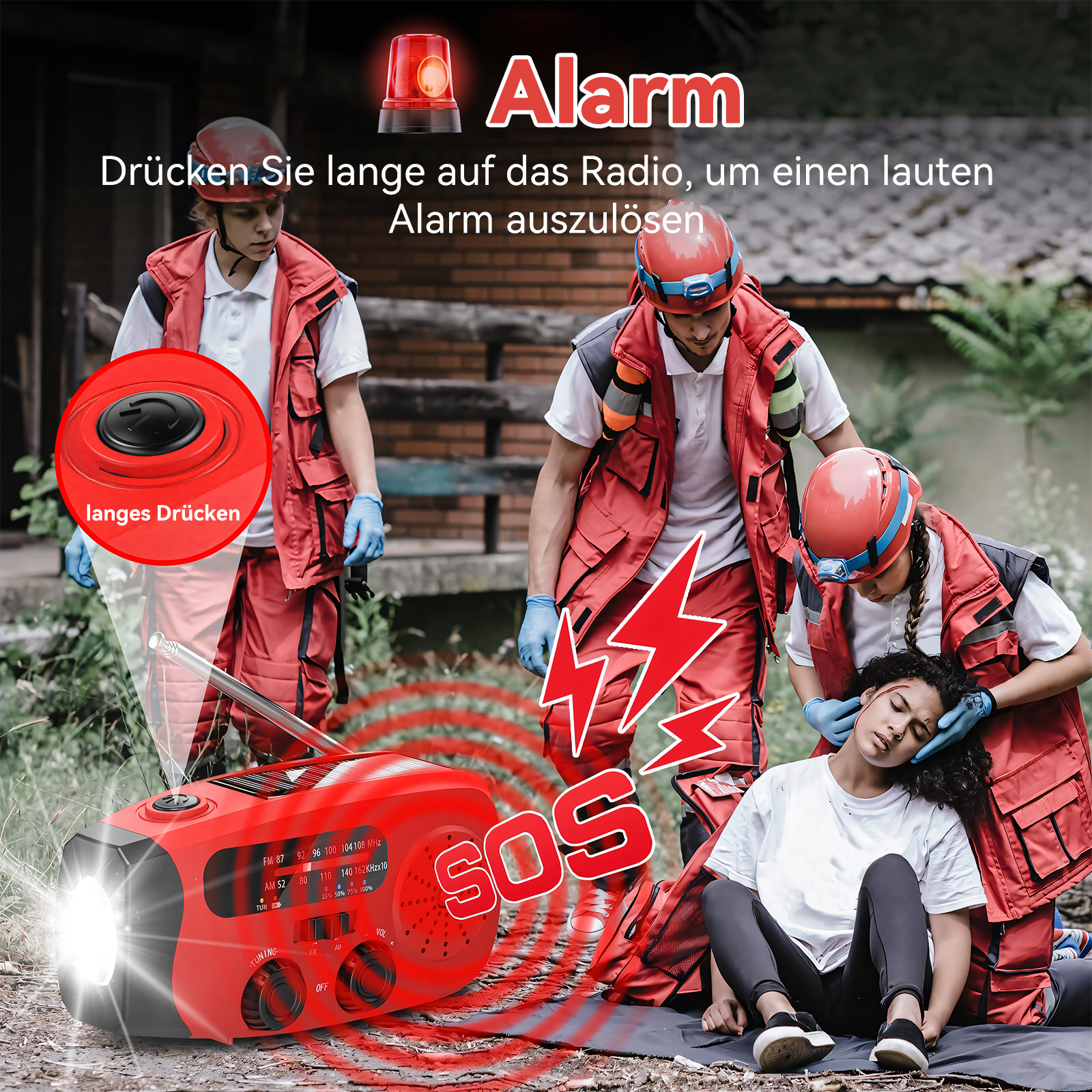 Ein rotes Radio mit SOS-Taste, umgeben von Menschen in einer Notsituation.