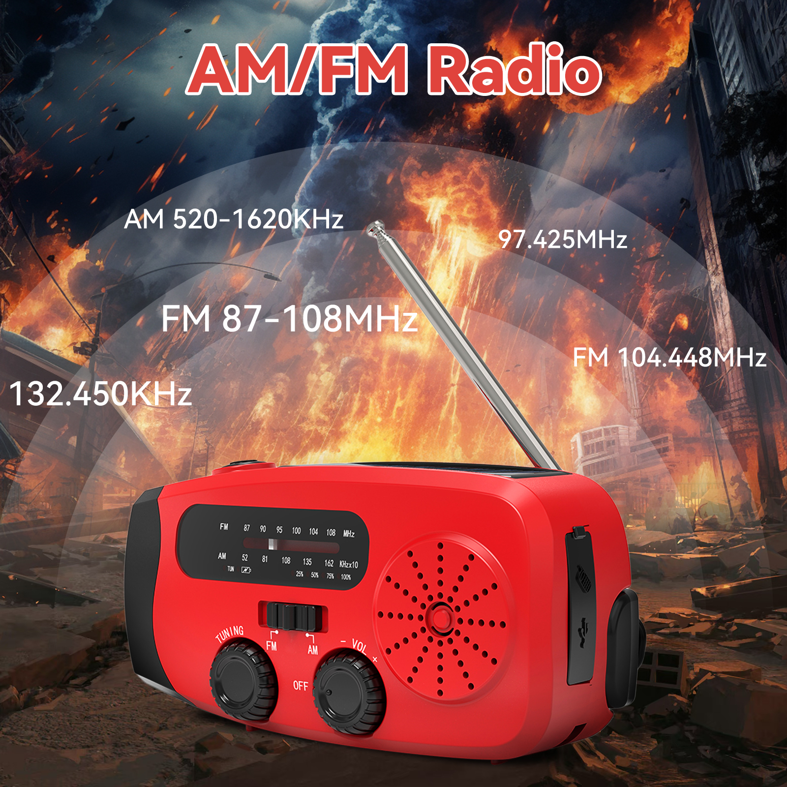 Rotes AM/FM-Radio mit Antenne, Abstimm- und Lautstärkereglern und einem Ladeanschluss. Kriegsszenen-Hintergrund.