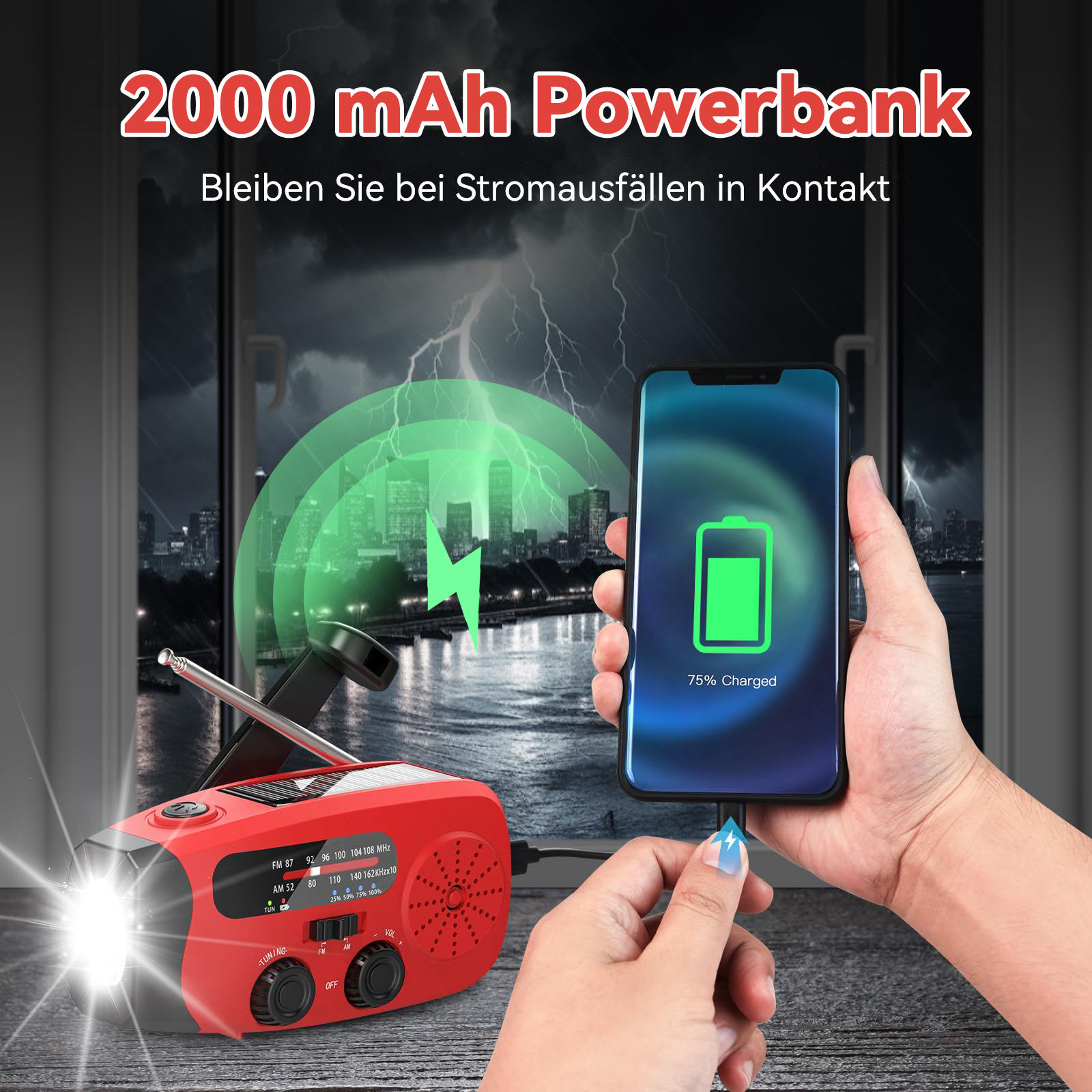 Ein rotes Radio mit einer Powerbank, die ein Telefon auflädt, und einem Blitzhintergrund.