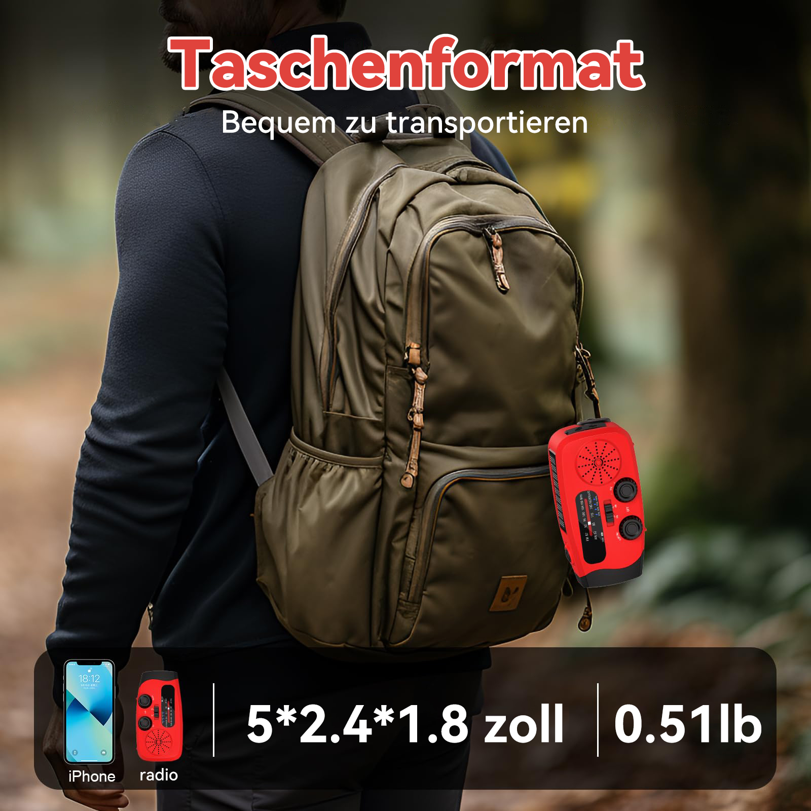 Person mit Rucksack hält rotes Radio. Telefon zeigt Aussehen des Radios. Text zeigt Abmessungen.