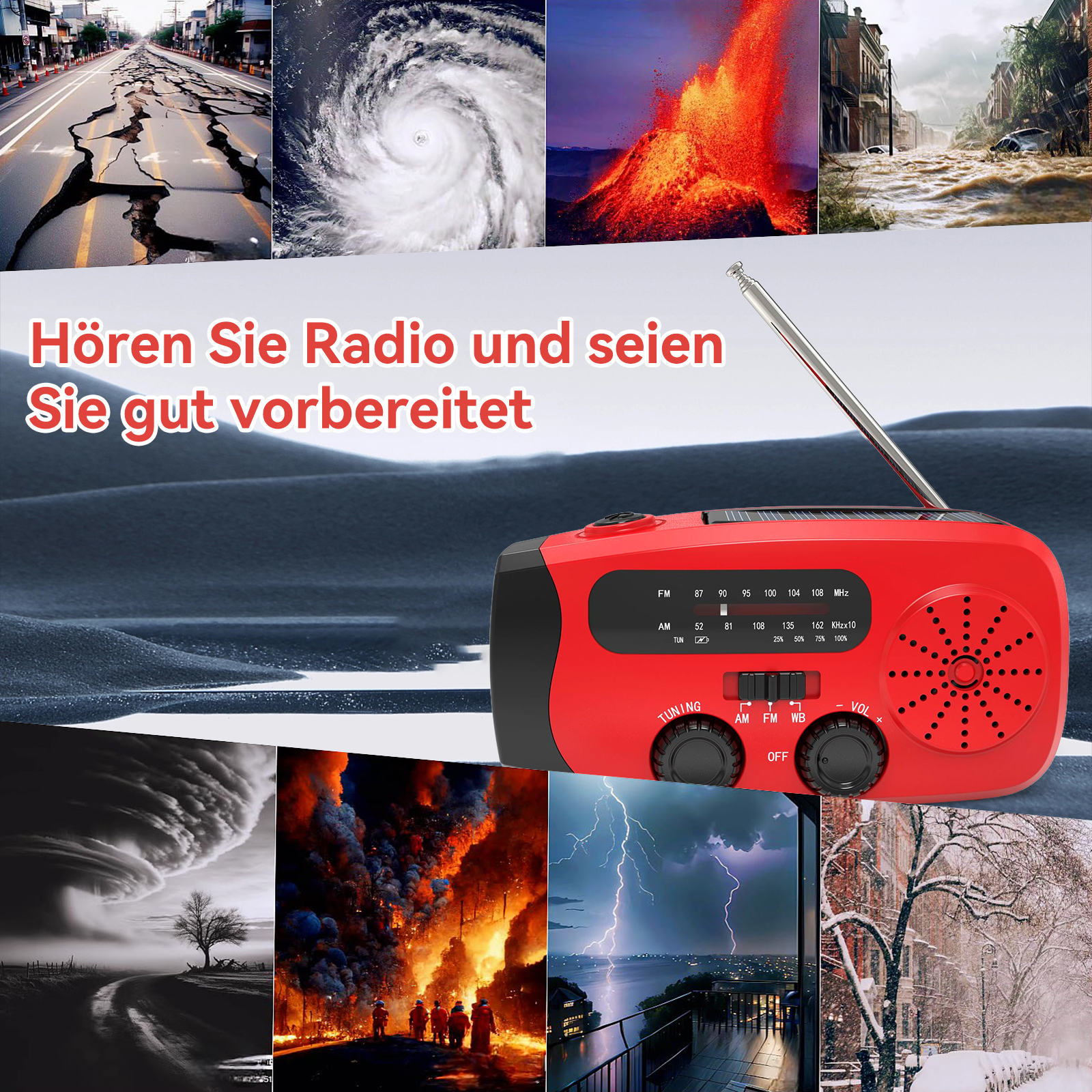 Ein rotes Radio mit Katastrophenbildern, die es umgeben.