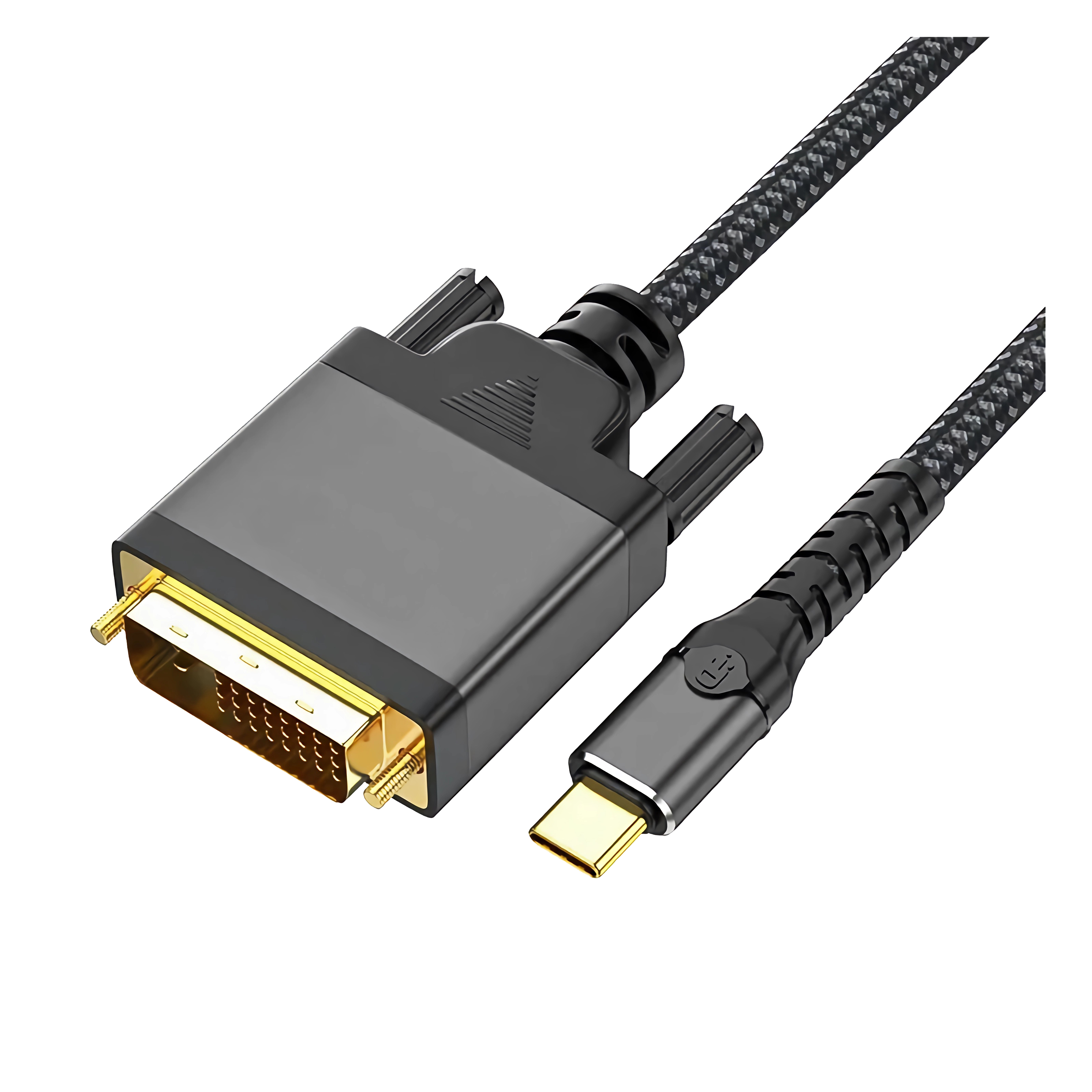 Schwarzes und goldenes Kabel mit zwei Anschlüssen. Weißer Hintergrund.