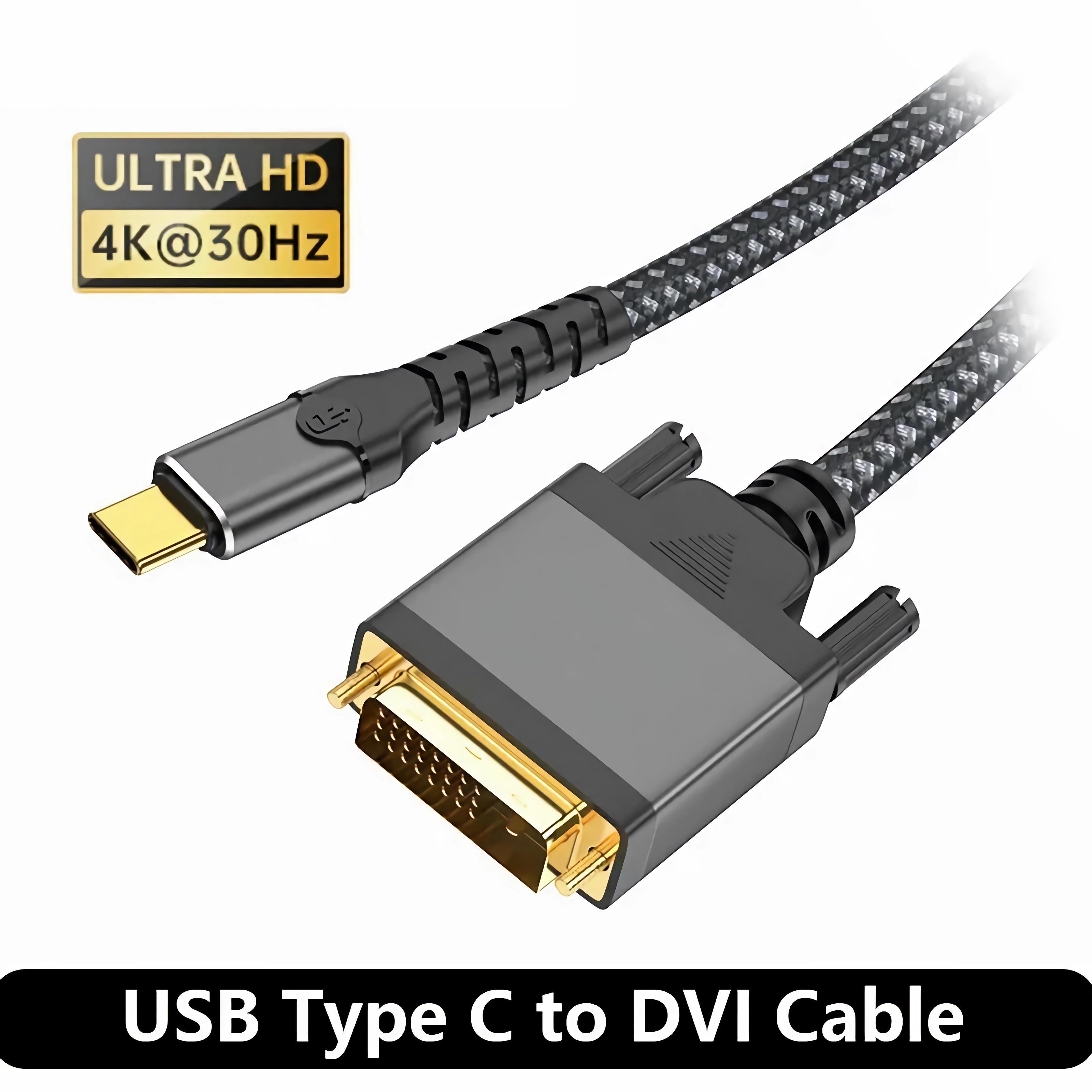 USB Typ C zu DVI Kabel, mit schwarzem und goldenem Stecker und einem Schild.
