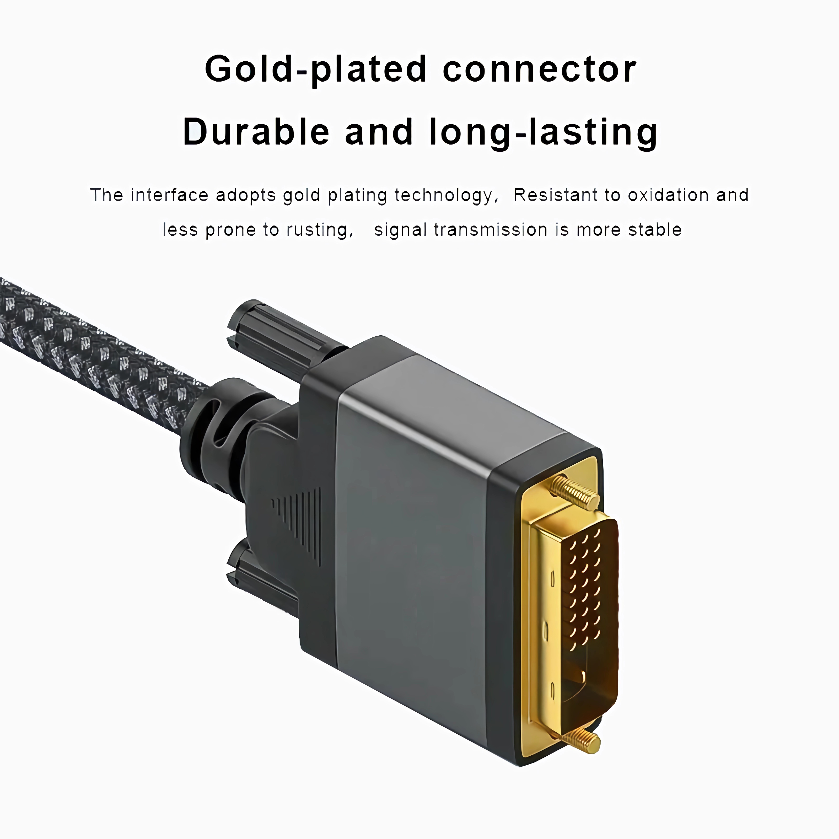 DVI-Kabelstecker mit vergoldeten Pins und geflochtenem Kabel.