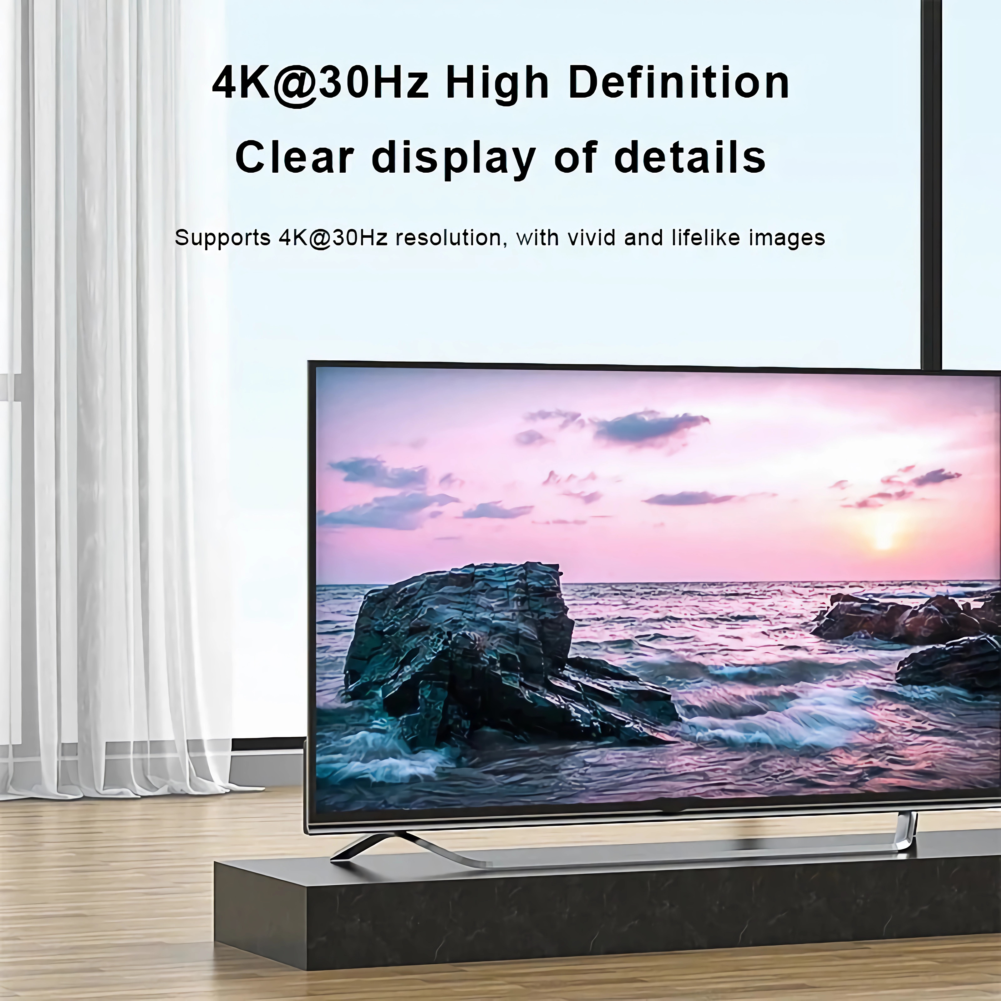 Ein Fernsehbildschirm zeigt einen rosa Sonnenuntergang über dem Wasser. Text: 4K@30Hz High Definition.