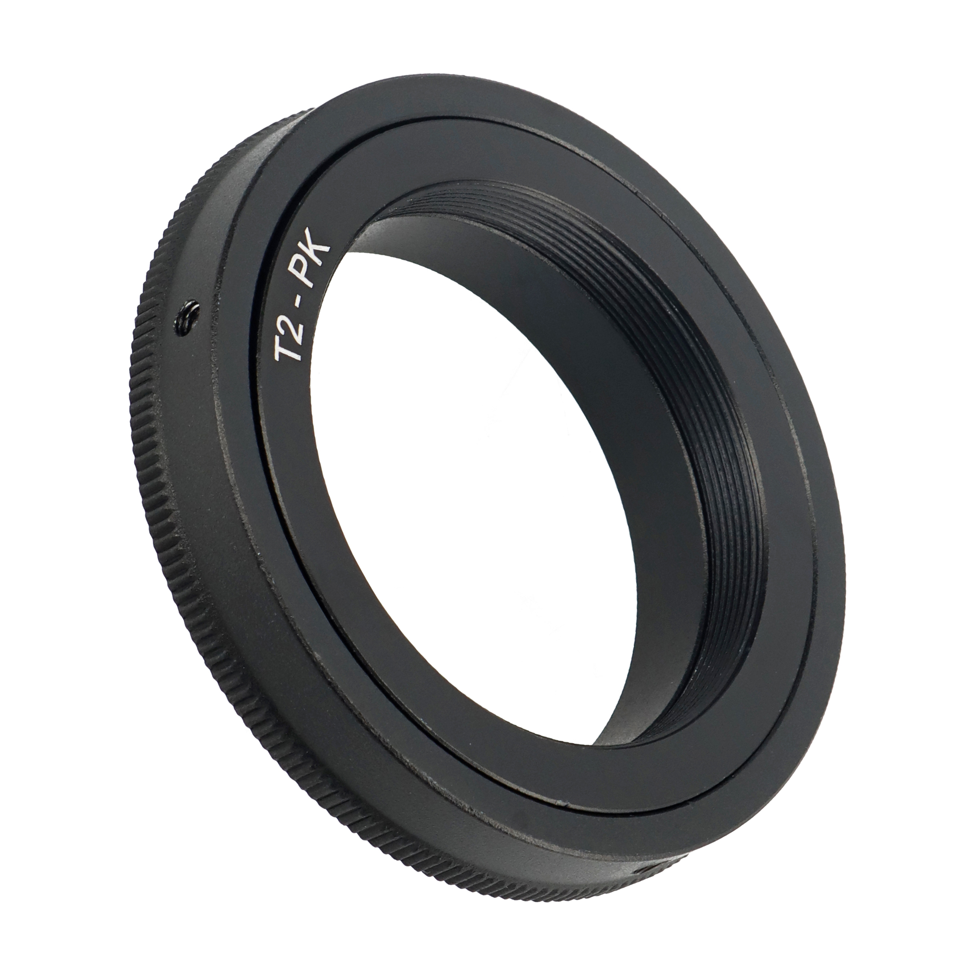 Schwarzer T2-PK Objektivadapterring. Mit Text T2-PK und gerändelten Kanten für besseren Halt.