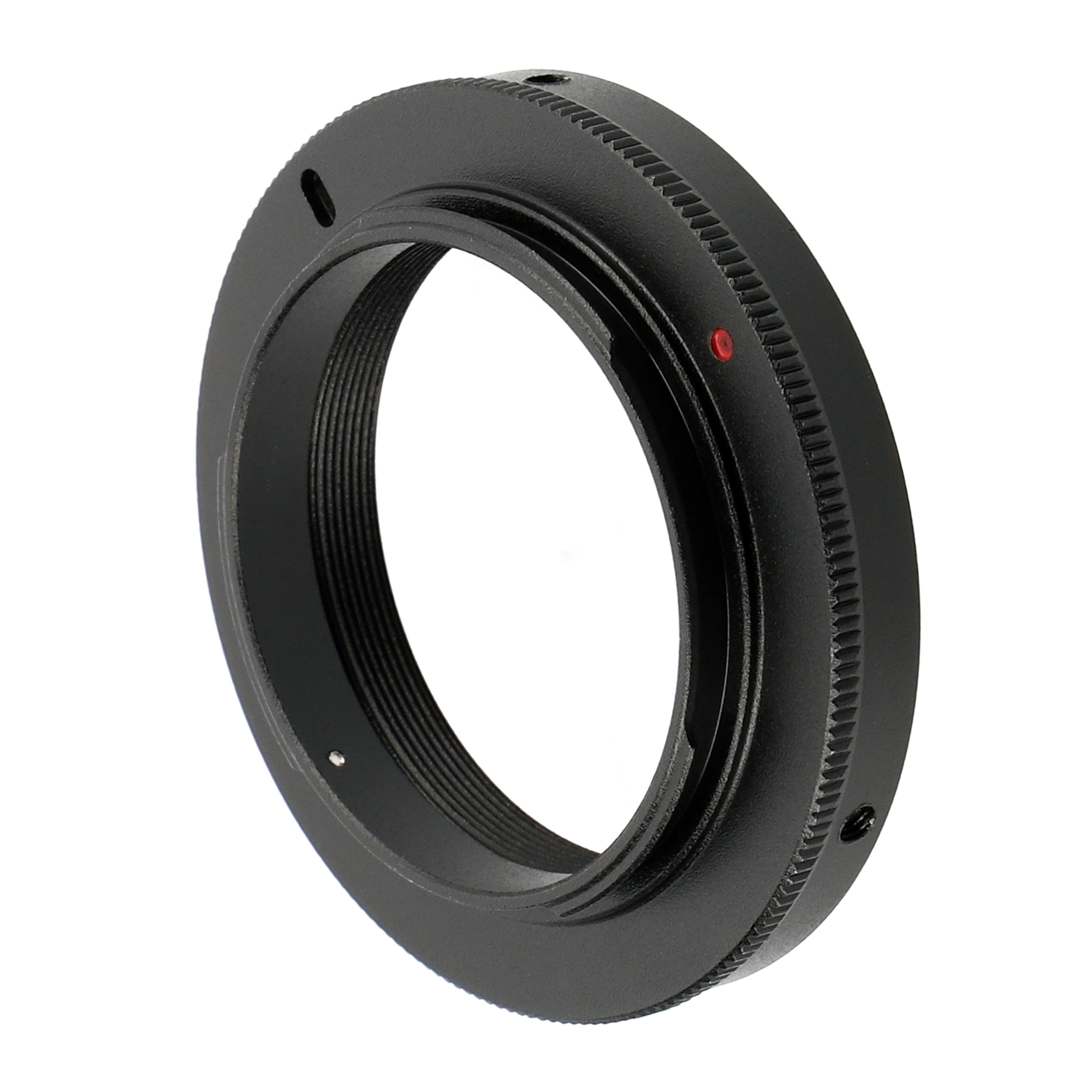 Schwarzer Adapterring mit rotem Punkt, Gewinde und Löchern vor weißem Hintergrund.