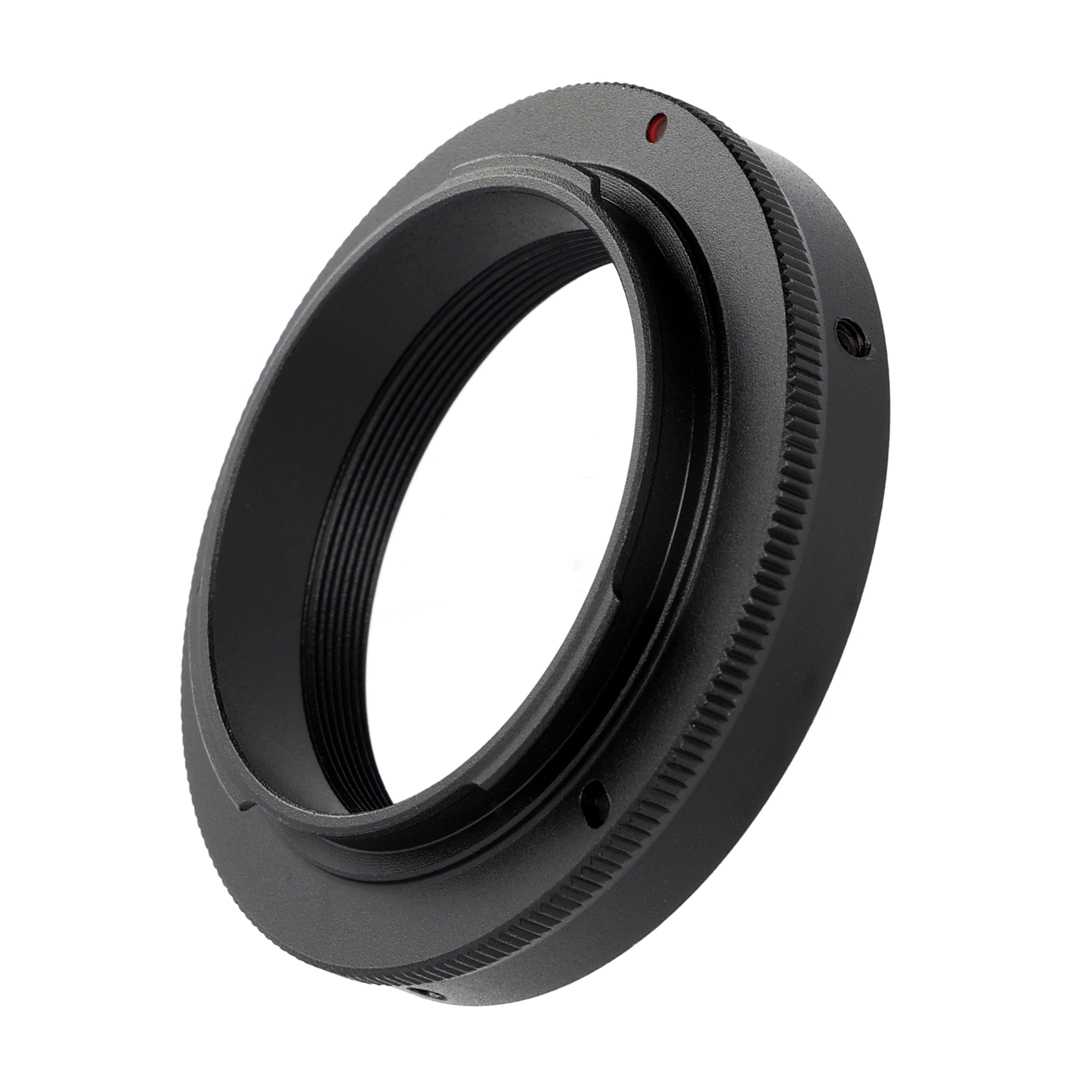 Ein schwarzer T-Ring-Adapter für eine Kamera, mit einem roten Punkt und Schraubgewinden.