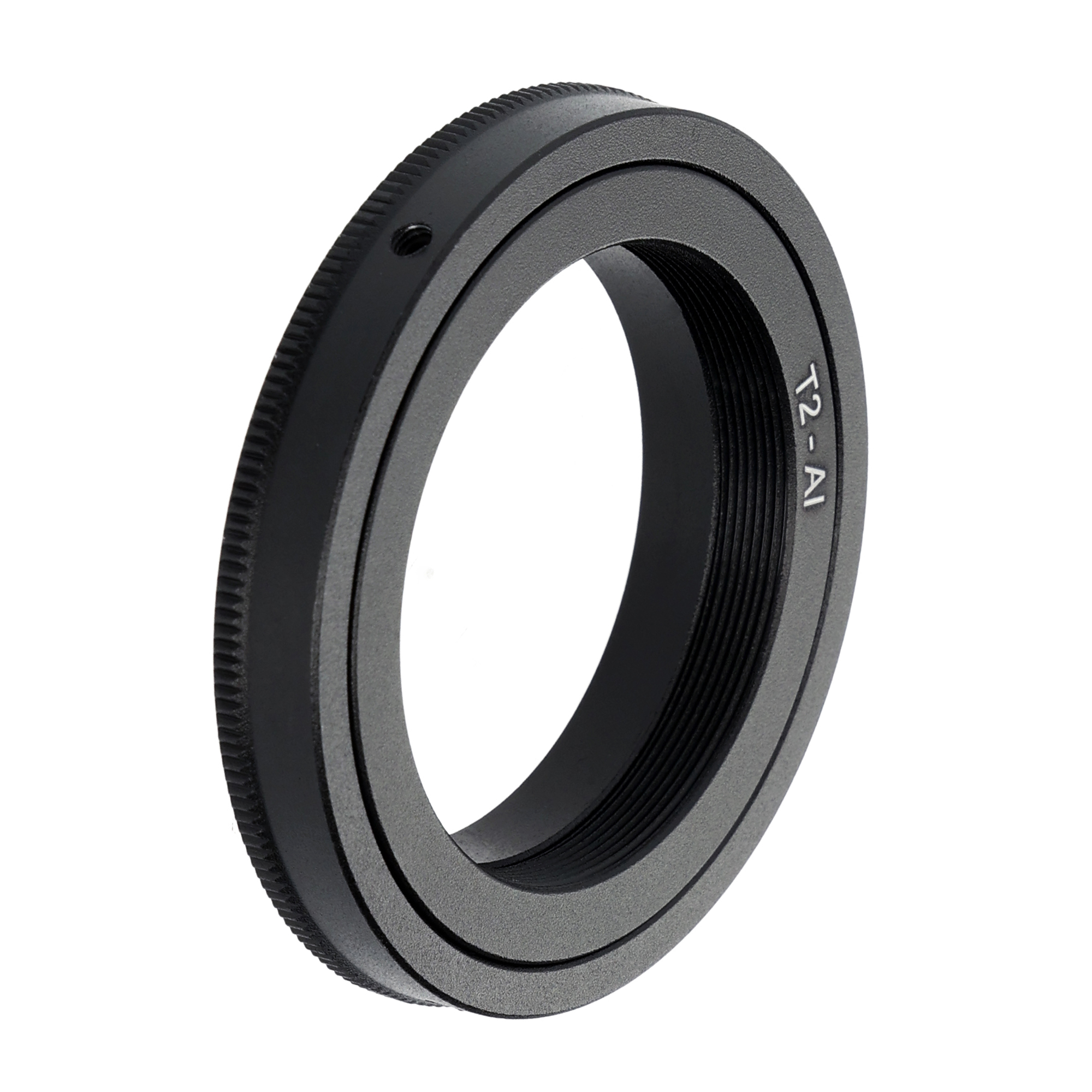 Ein schwarzer T2-AI-Adapterring für ein Kameraobjektiv mit sichtbaren Gewinden.