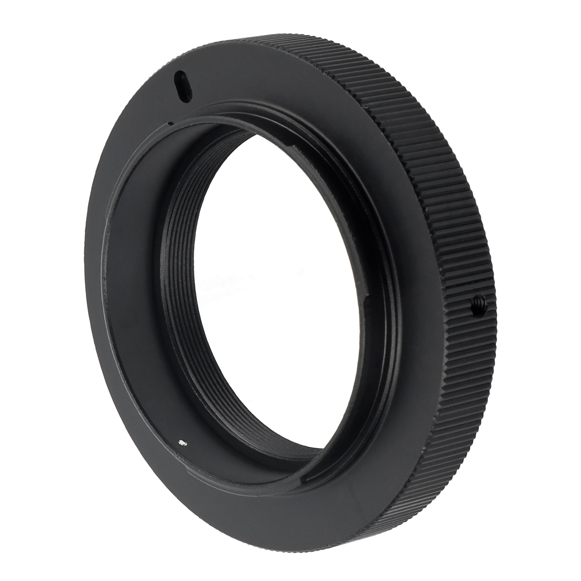 Schwarzer Kameraobjektiv-Adapterring. Kreisförmig mit Gewinde innen und außen.