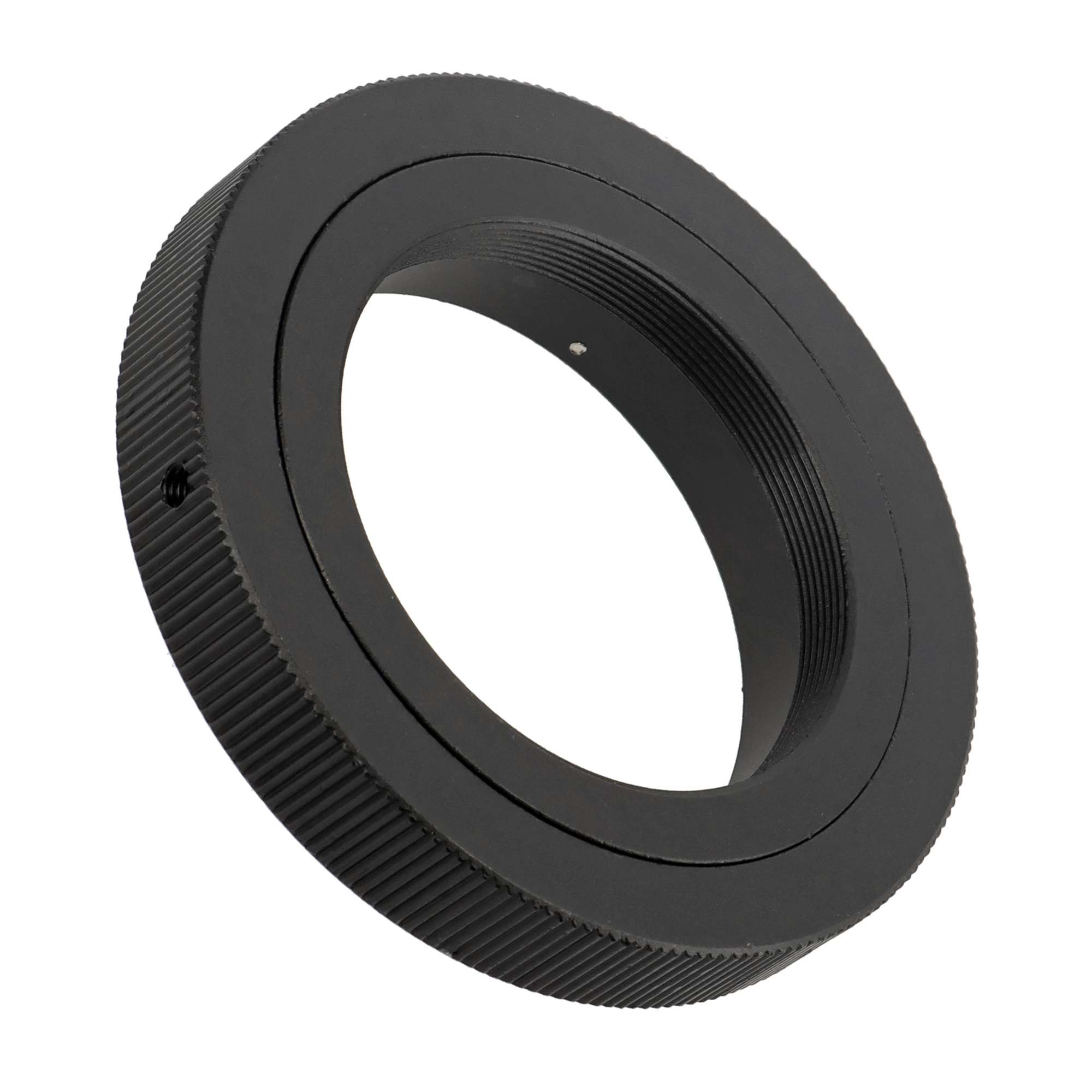 Schwarzer Metallring mit Schraubgewinde. Der Ring befindet sich auf weißem Hintergrund.
