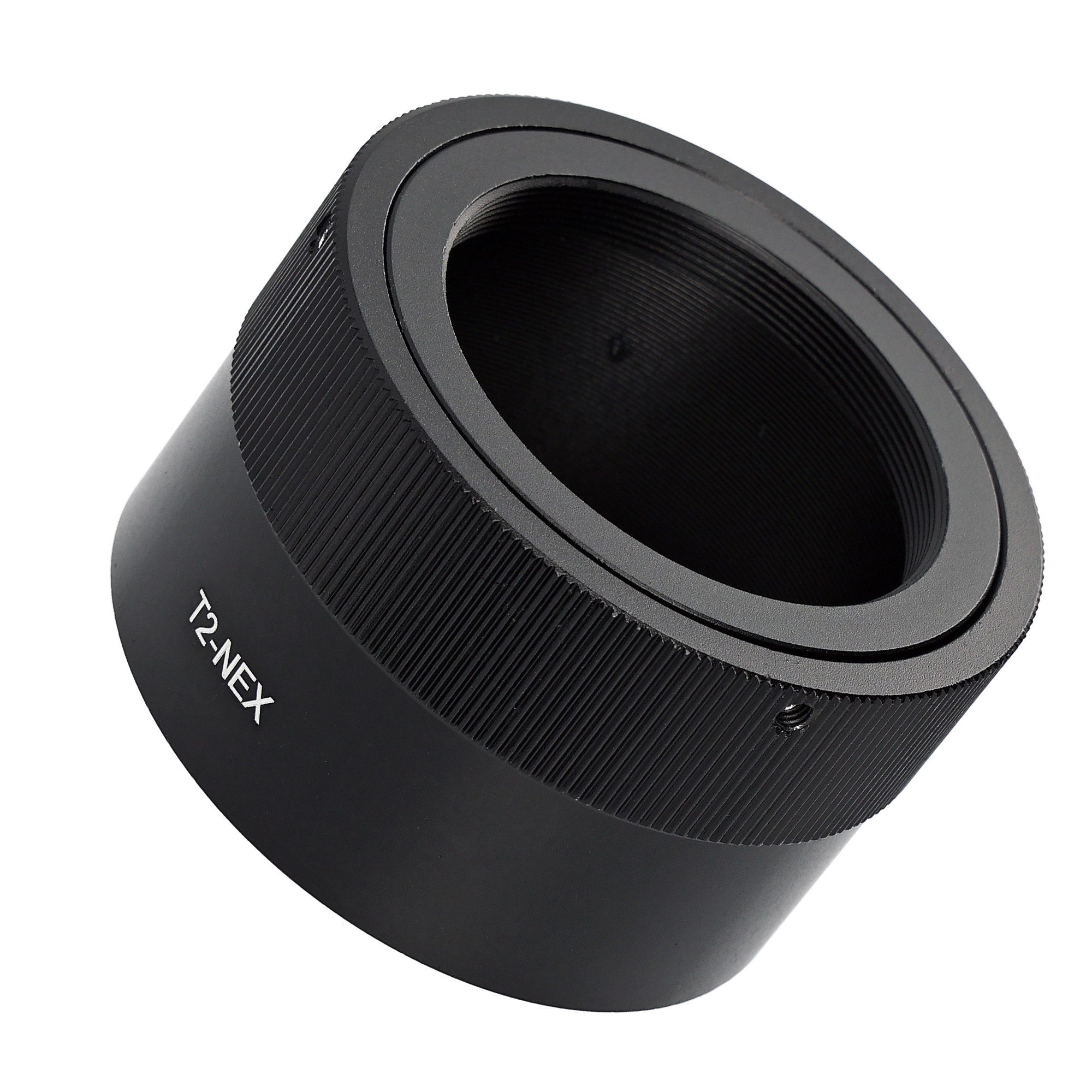 Schwarzer Metall-T2-NEX-Adapter für eine Kamera. Zylindrische Form mit Gewinde.