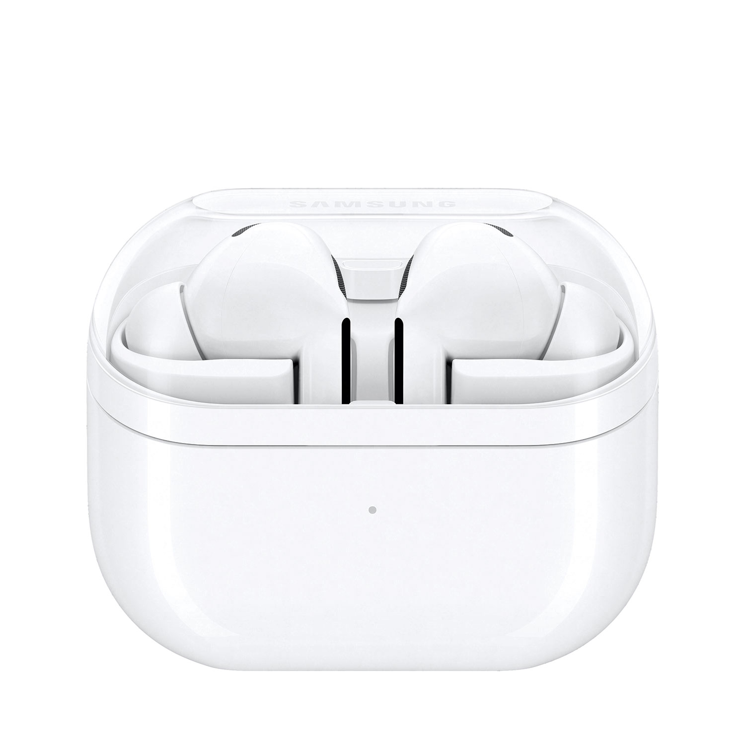 Białe słuchawki bezprzewodowe w etui ładującym.