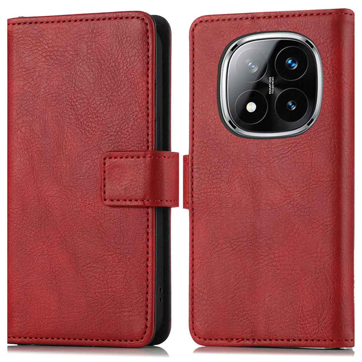 Étui de téléphone en cuir rouge, ouvert. Il a un rabat et une ouverture pour l'appareil photo.