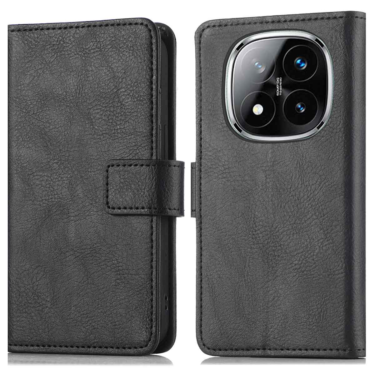 Étui de téléphone en cuir noir, fermé et ouvert. Montre la zone de la caméra du téléphone.