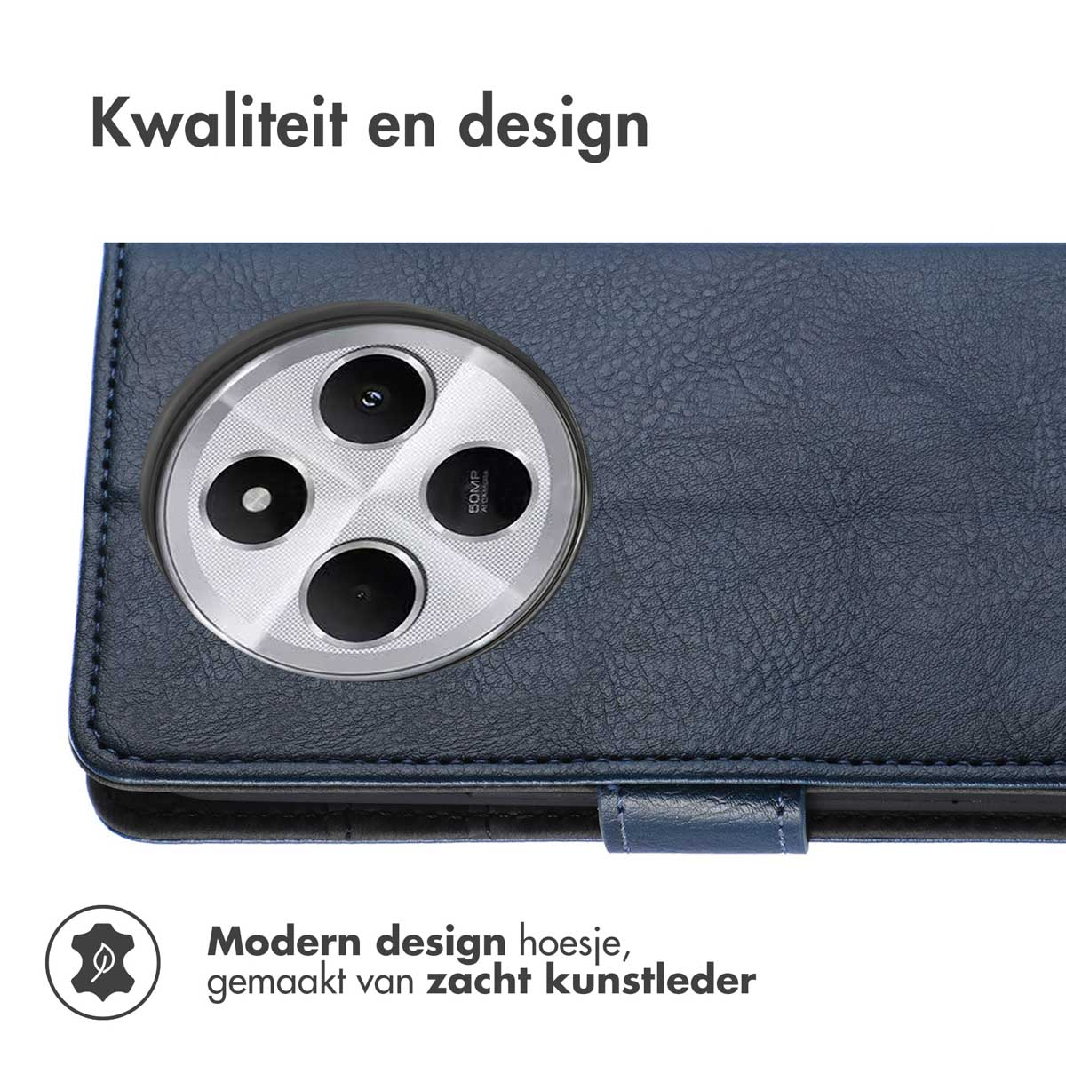 Close-up van een blauwe telefoonhoes met een cameralens. De tekst zegt "