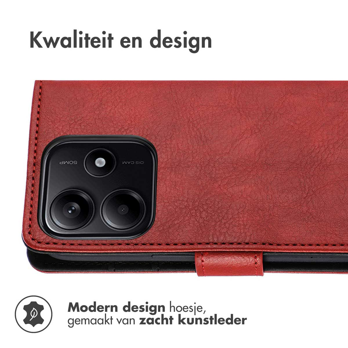 Rode telefoonhoes met een telefoon en tekst in het Nederlands: 'Modern design hoesje'.