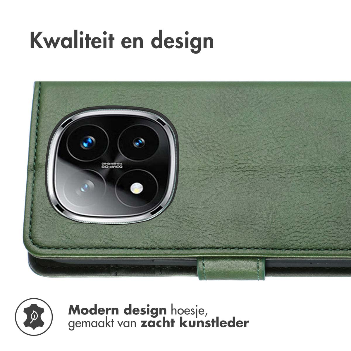 Étui de téléphone avec caméra de téléphone, texte: 'Design moderne, en similicuir souple'.