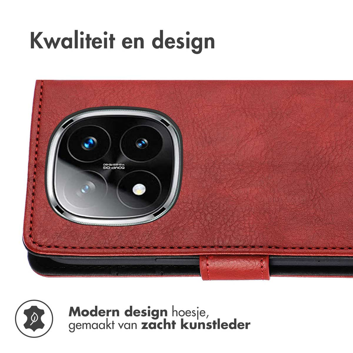Rode telefoonhoes met een cameramodule en een ontwerp over kwaliteit en design.