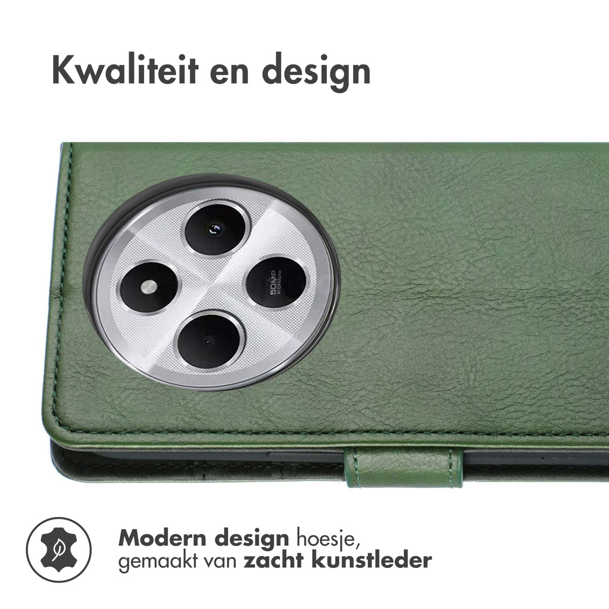 Coque de téléphone verte avec module caméra visible. Texte en néerlandais.