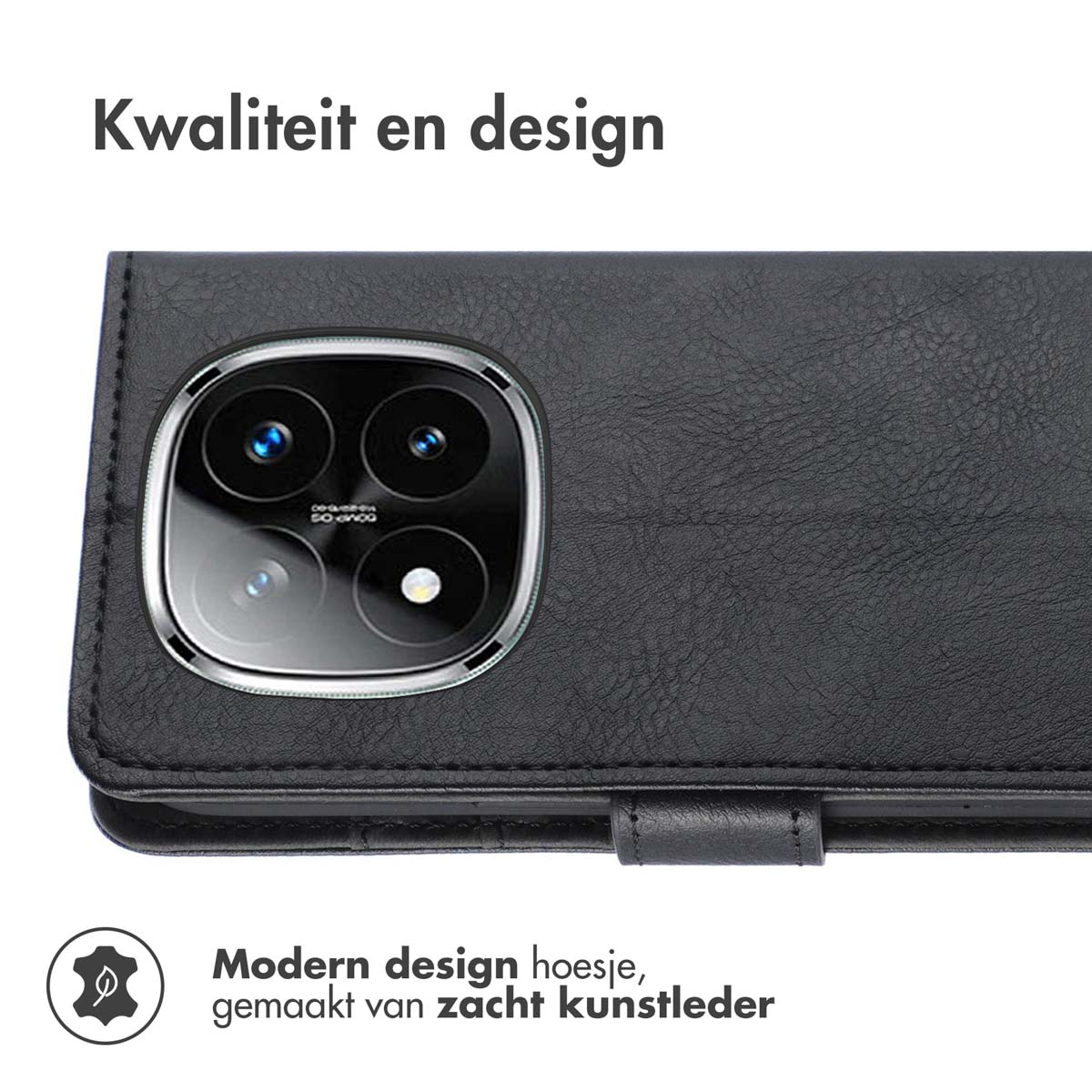 Coque de téléphone noire avec téléphone et texte en néerlandais: 'Design moderne hoesje'.