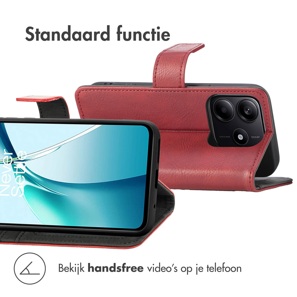 Een rode telefoonhoes met een standaard en een telefoon erin, met een handsfree kijkfunctie.