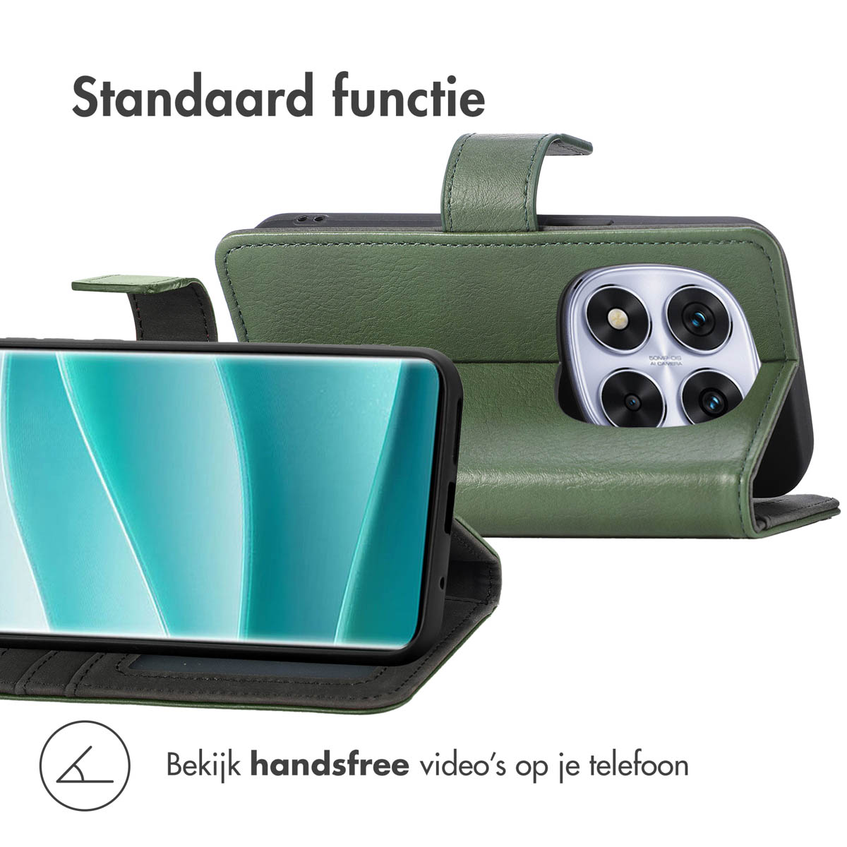 Een groene telefoonhoes met een standaard en een telefoon erin, met een handsfree kijkfunctie.