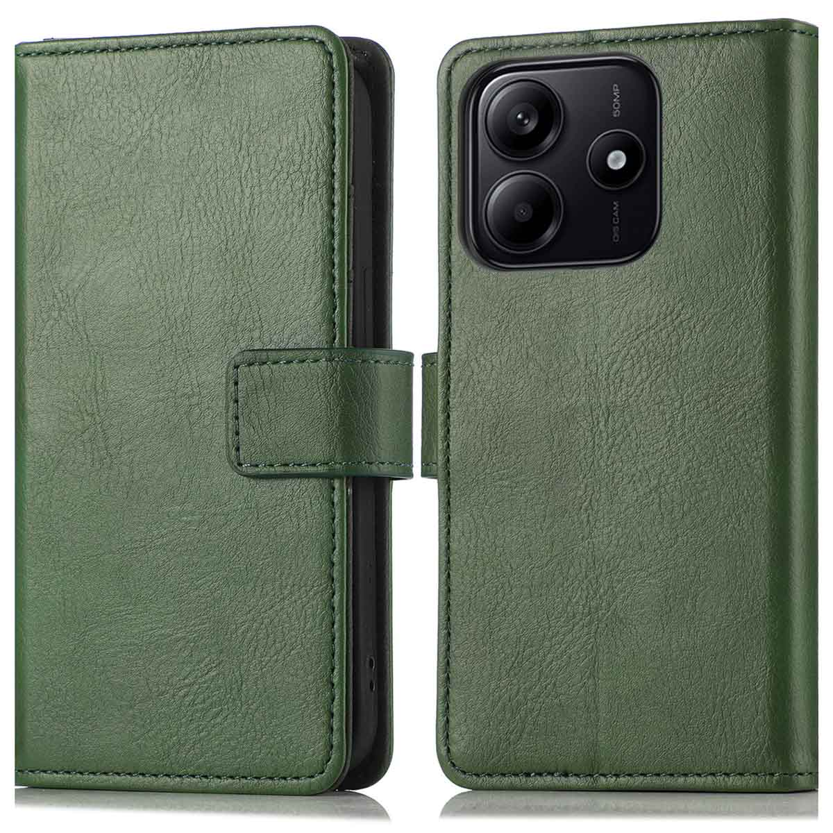 Een groene telefoonhoes met een camera. De hoes is open en toont de achterkant van de telefoon.