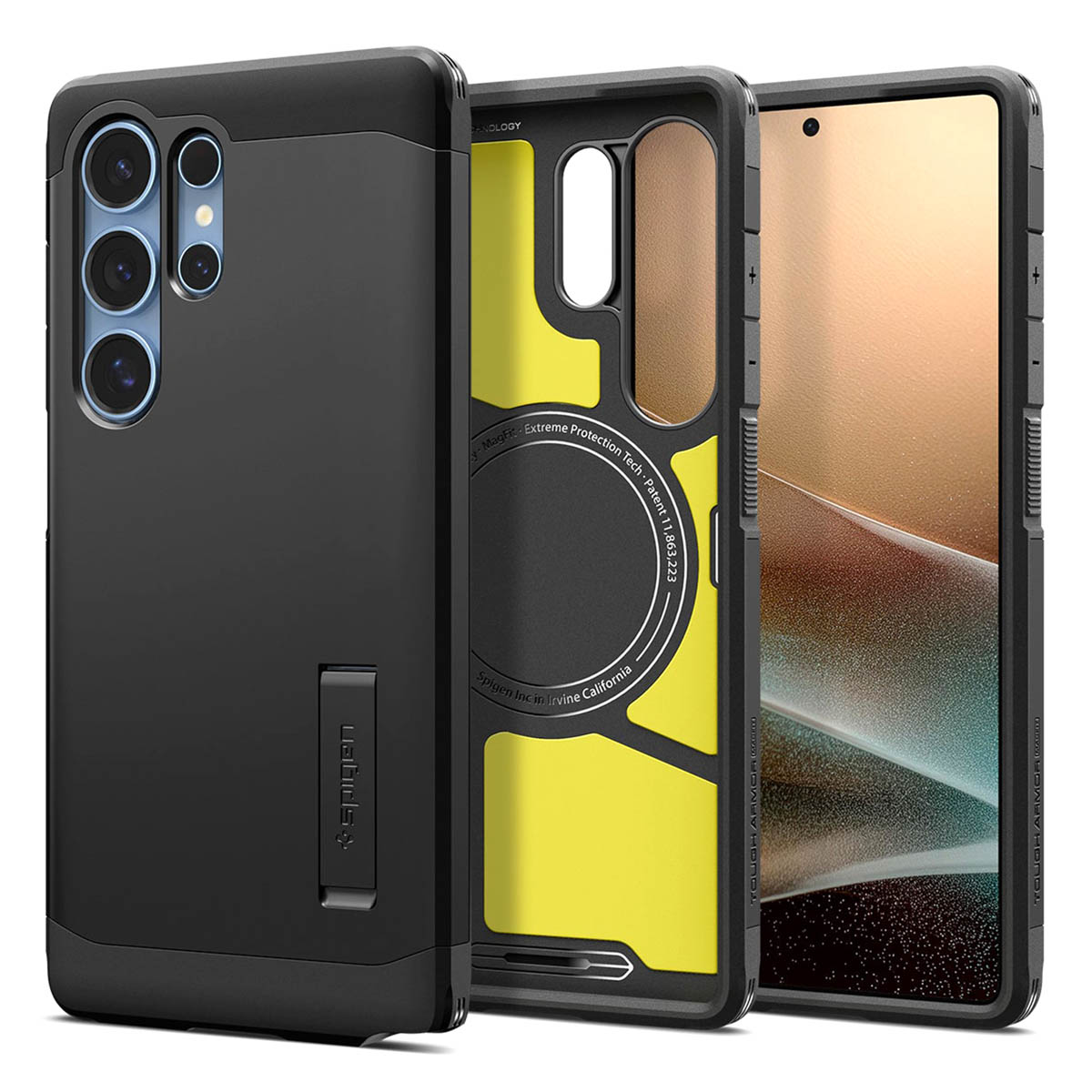 Een zwarte telefoonhoes met een telefoon erin. Het heeft een zwart-geel ontwerp.