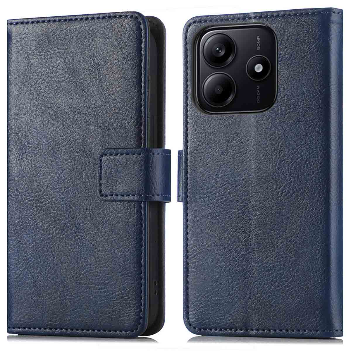 Marineblauwe telefoonhoes in portemonnee-stijl. Hoes opent om telefoon te onthullen. Zwarte camera zichtbaar.