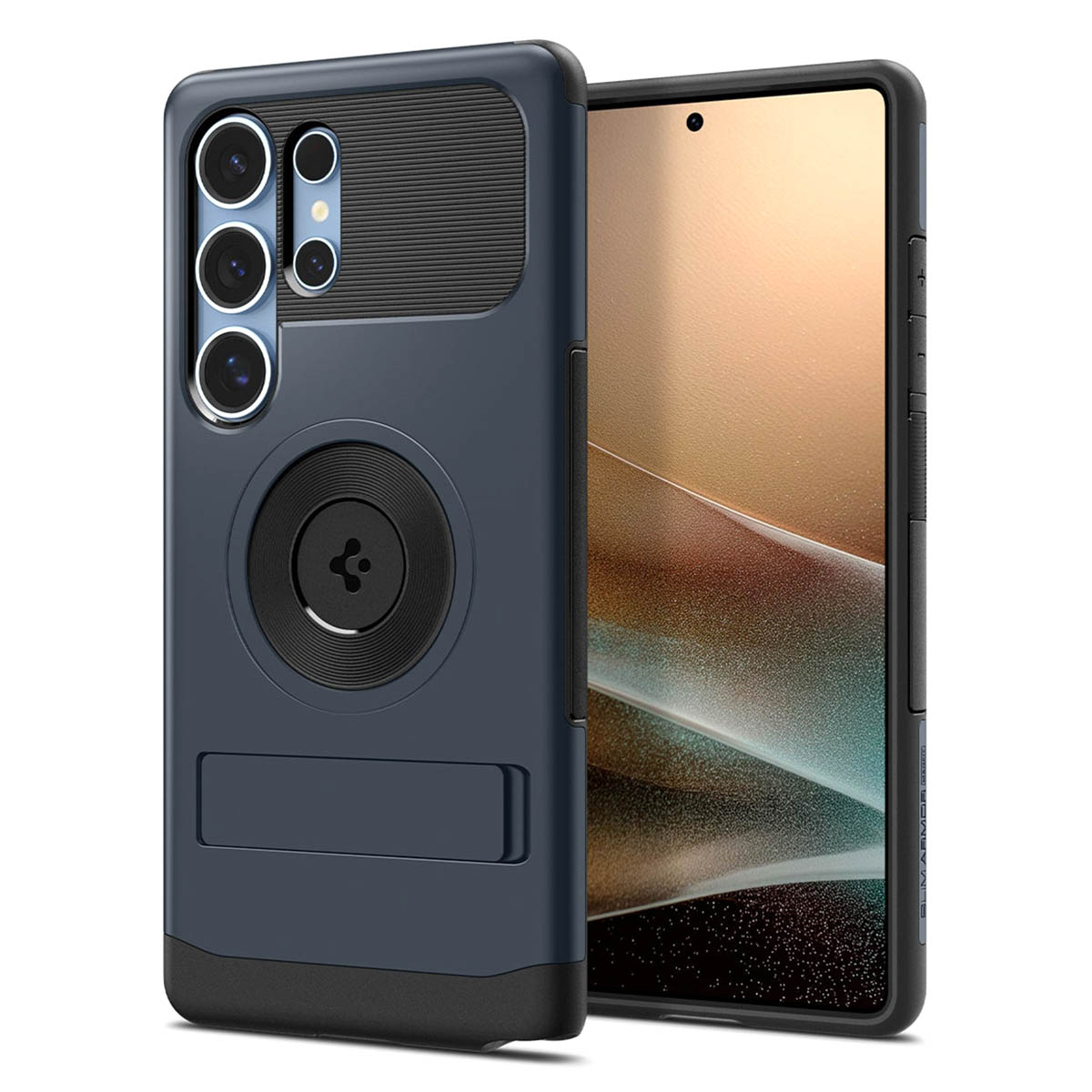 Een blauwe telefoonhoes met een standaard en een zwarte cameraring. Witte achtergrond.