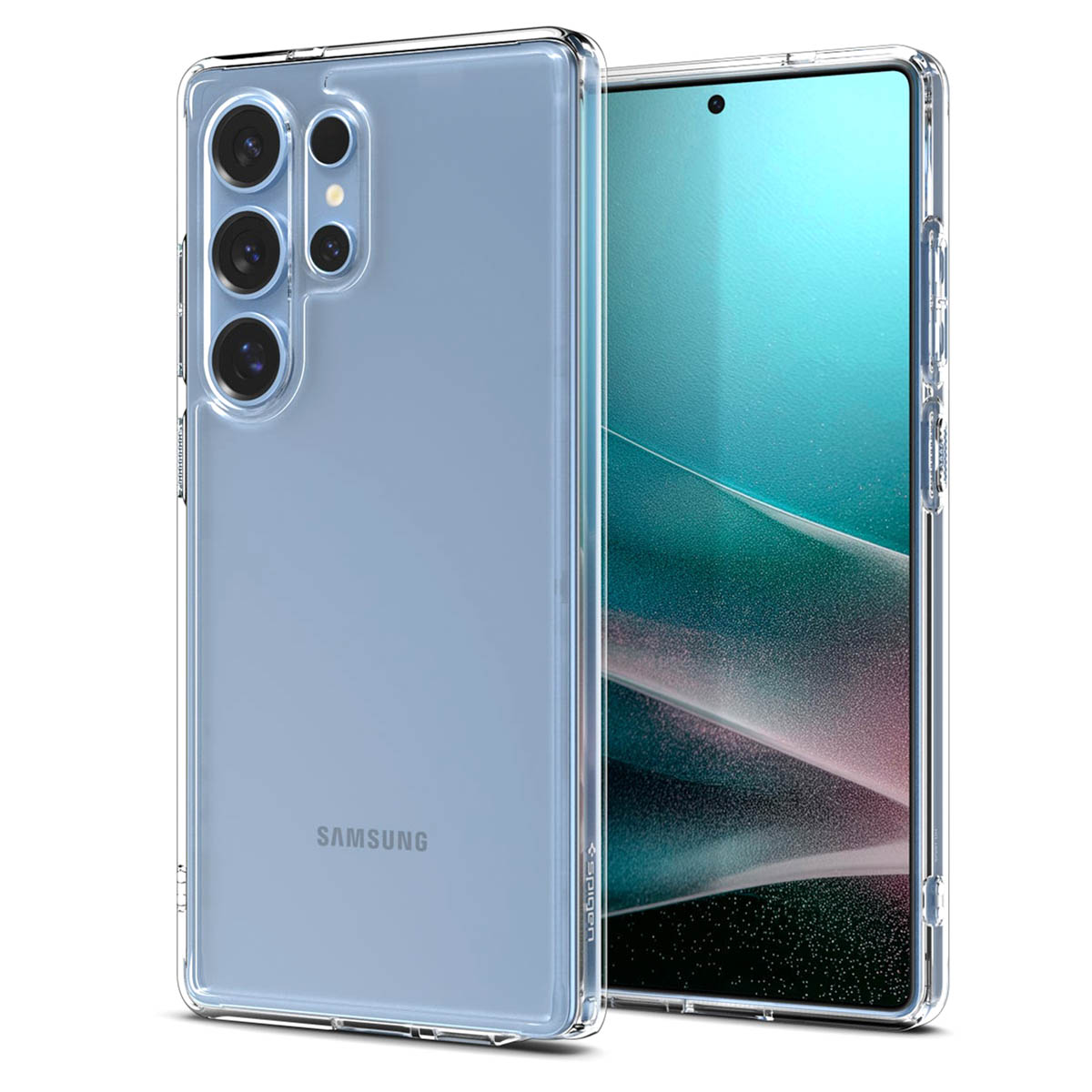 Une coque transparente sur un téléphone. Le téléphone est argenté avec un écran sombre.