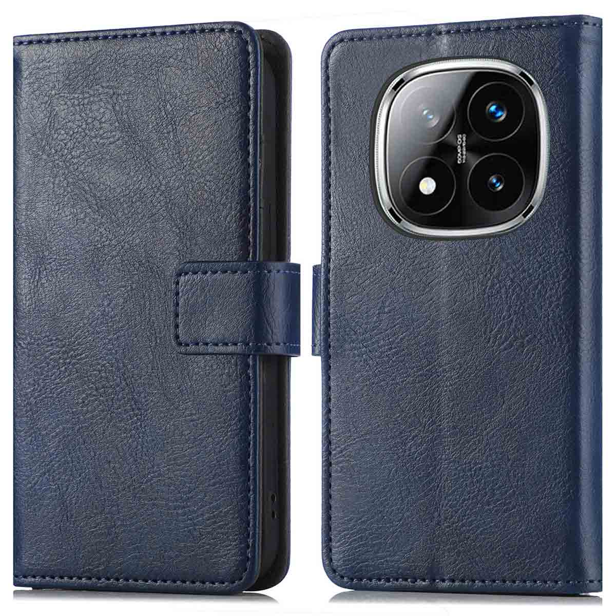 Un étui de téléphone bleu avec un téléphone à l'intérieur. L'étui a une couverture et une découpe pour la caméra.