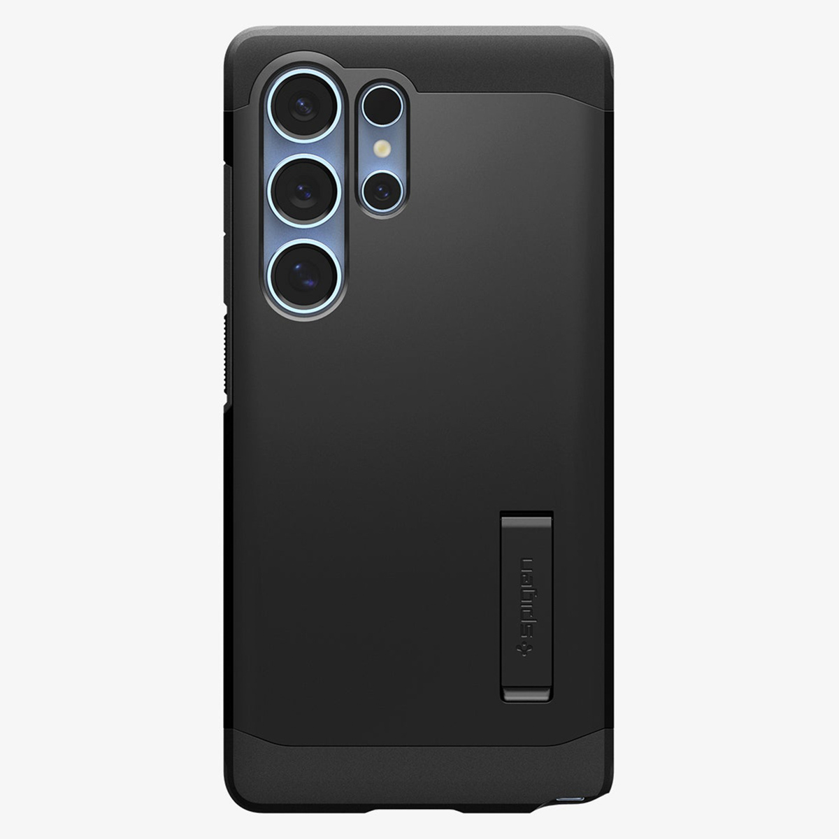Een zwarte telefoonhoes met drie cameralenzen. Spigen-logo onderaan.