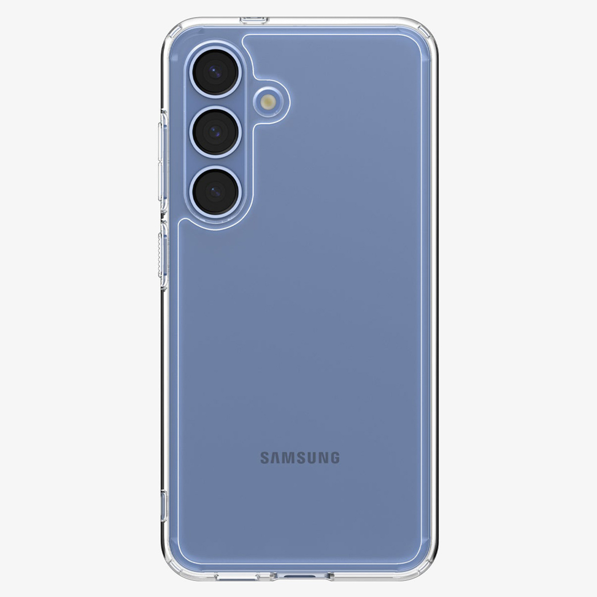 Téléphone bleu dans un étui transparent, avec trois caméras et le logo Samsung visible.