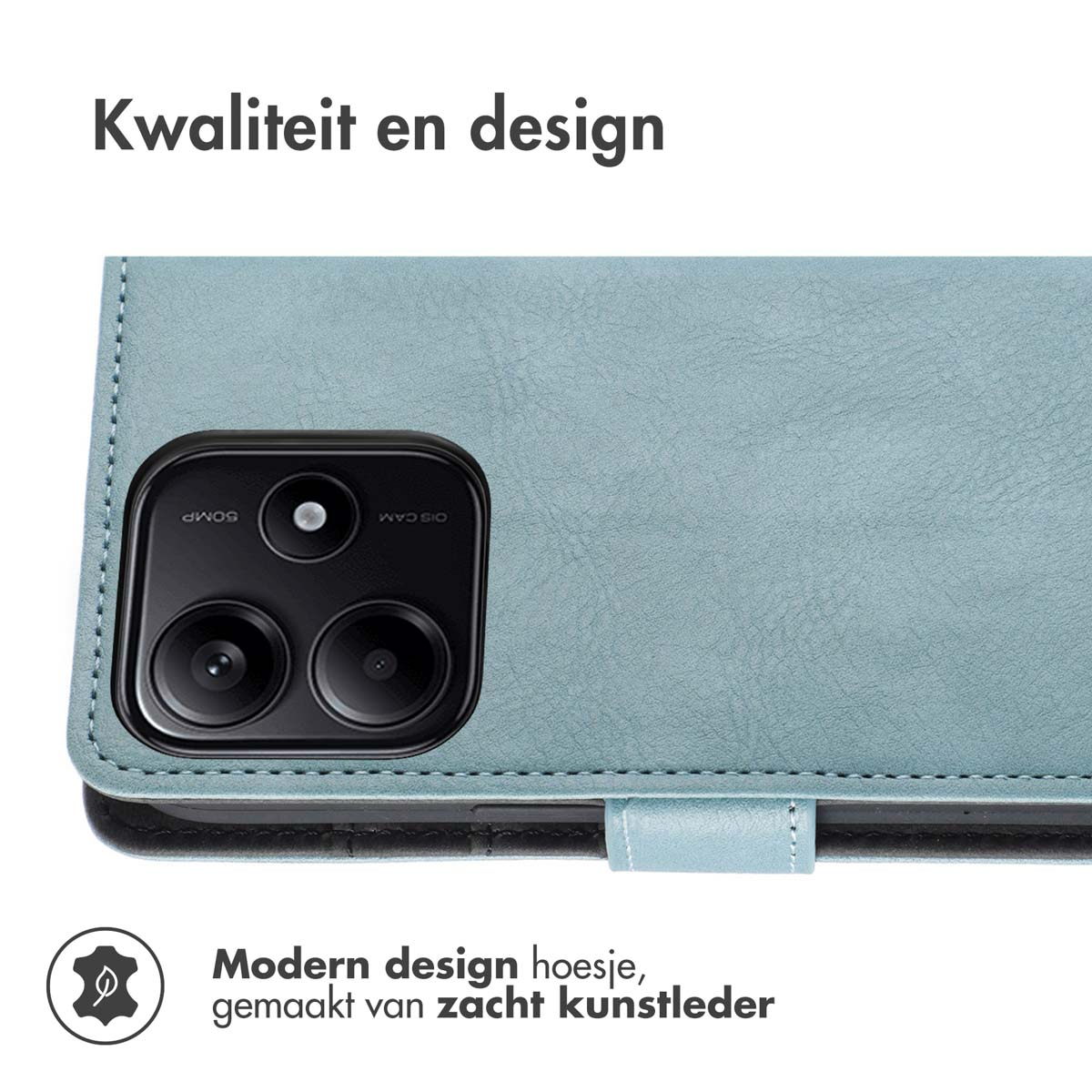 Lichtblauwe leren telefoonhoes, open, met camera. Tekst: 'Kwaliteit en design'.