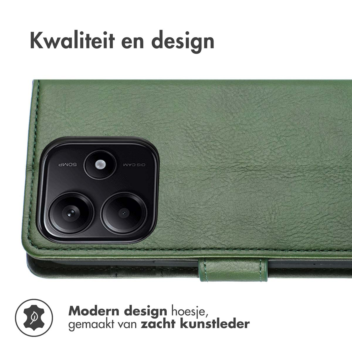 Een groene telefoonhoes met telefoon. Tekst: 'Kwaliteit en design'. Moderne design tekst.