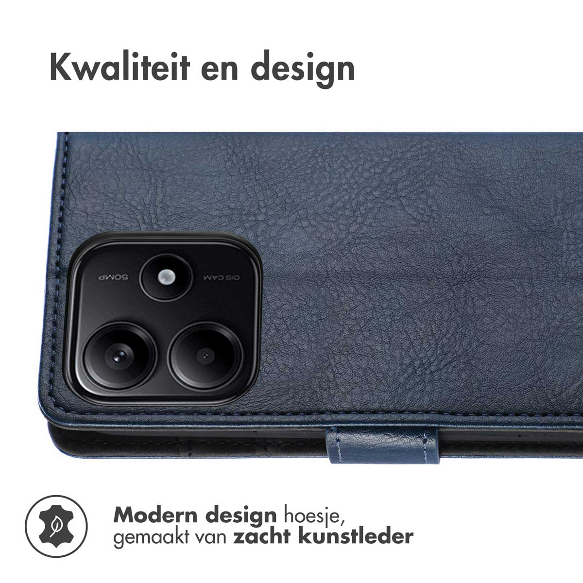 Een blauwe telefoonhoes met telefoon. Tekst: 'Kwaliteit en design'. Moderne design tekst.
