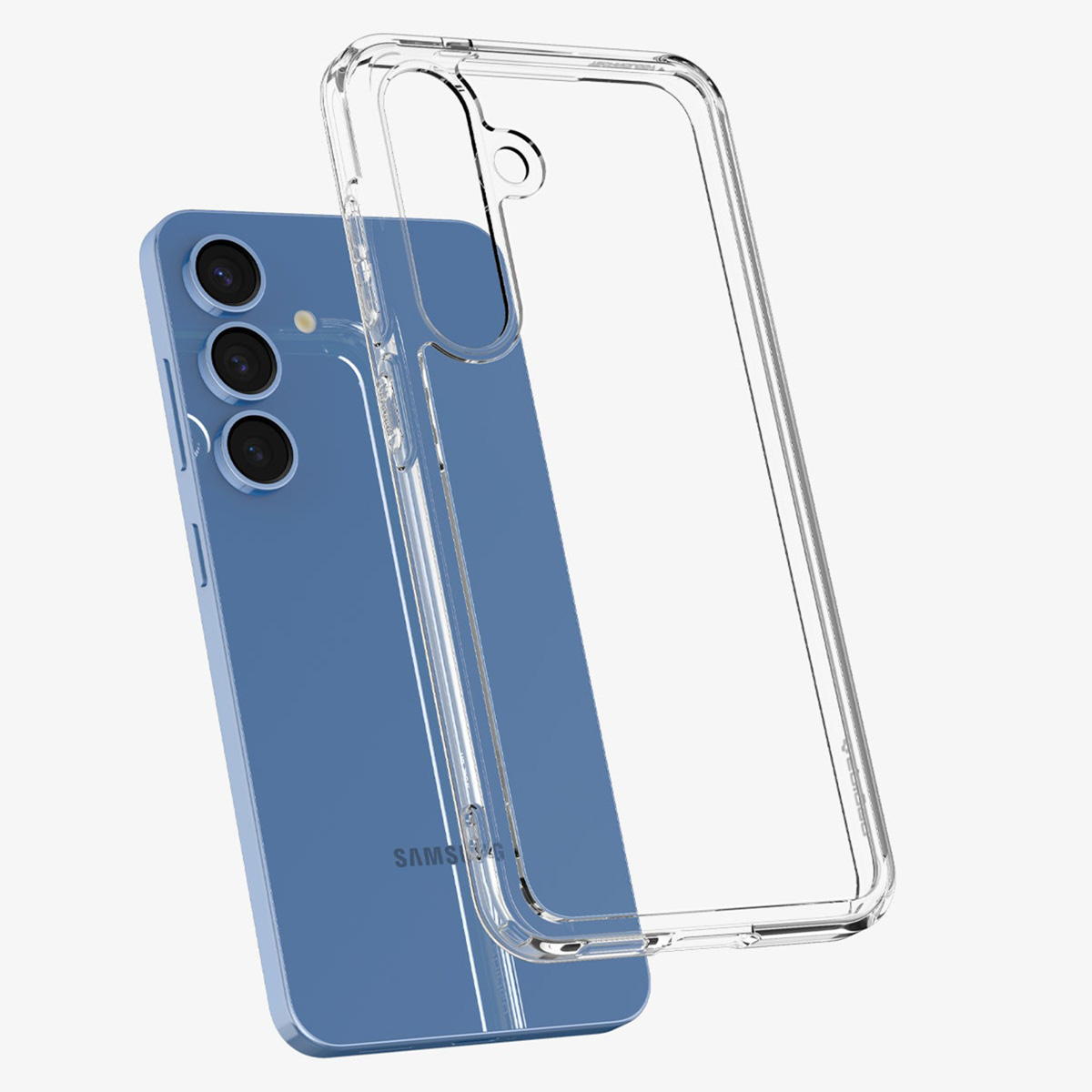 Un téléphone bleu avec une coque transparente. Le fond est blanc.