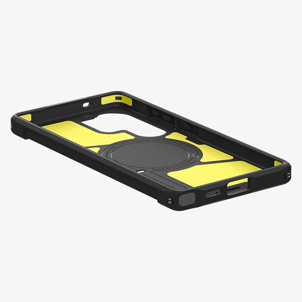 Zwart-gele telefoonhoes, met een cirkelvormig gebied en tekst aan de zijkant.