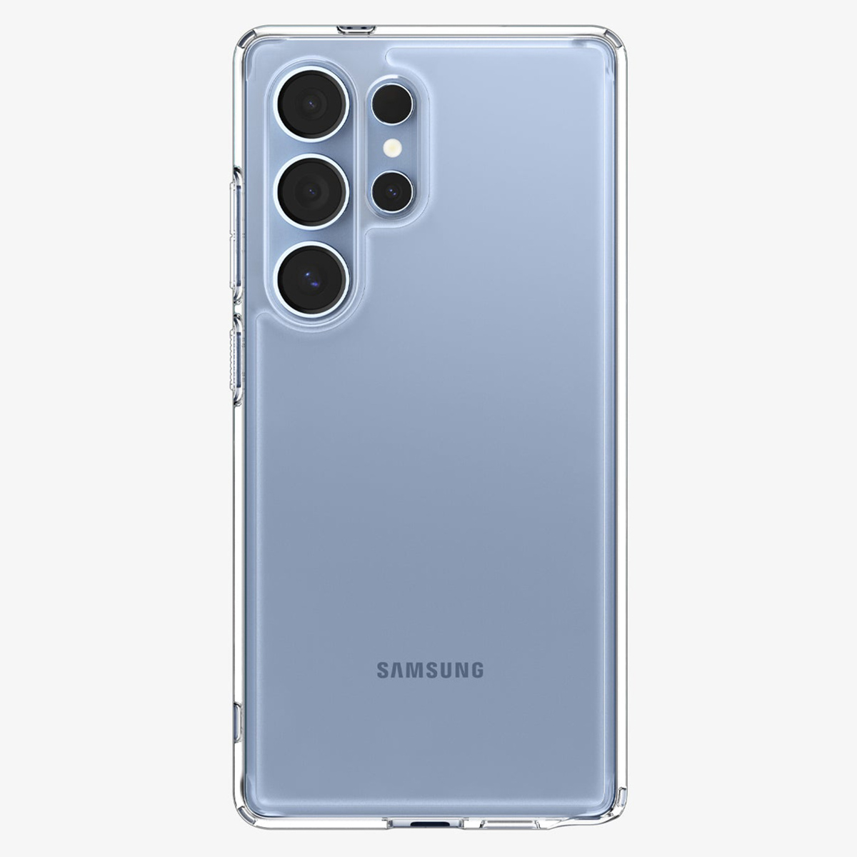 Coque transparente sur un téléphone bleu clair, trois objectifs.