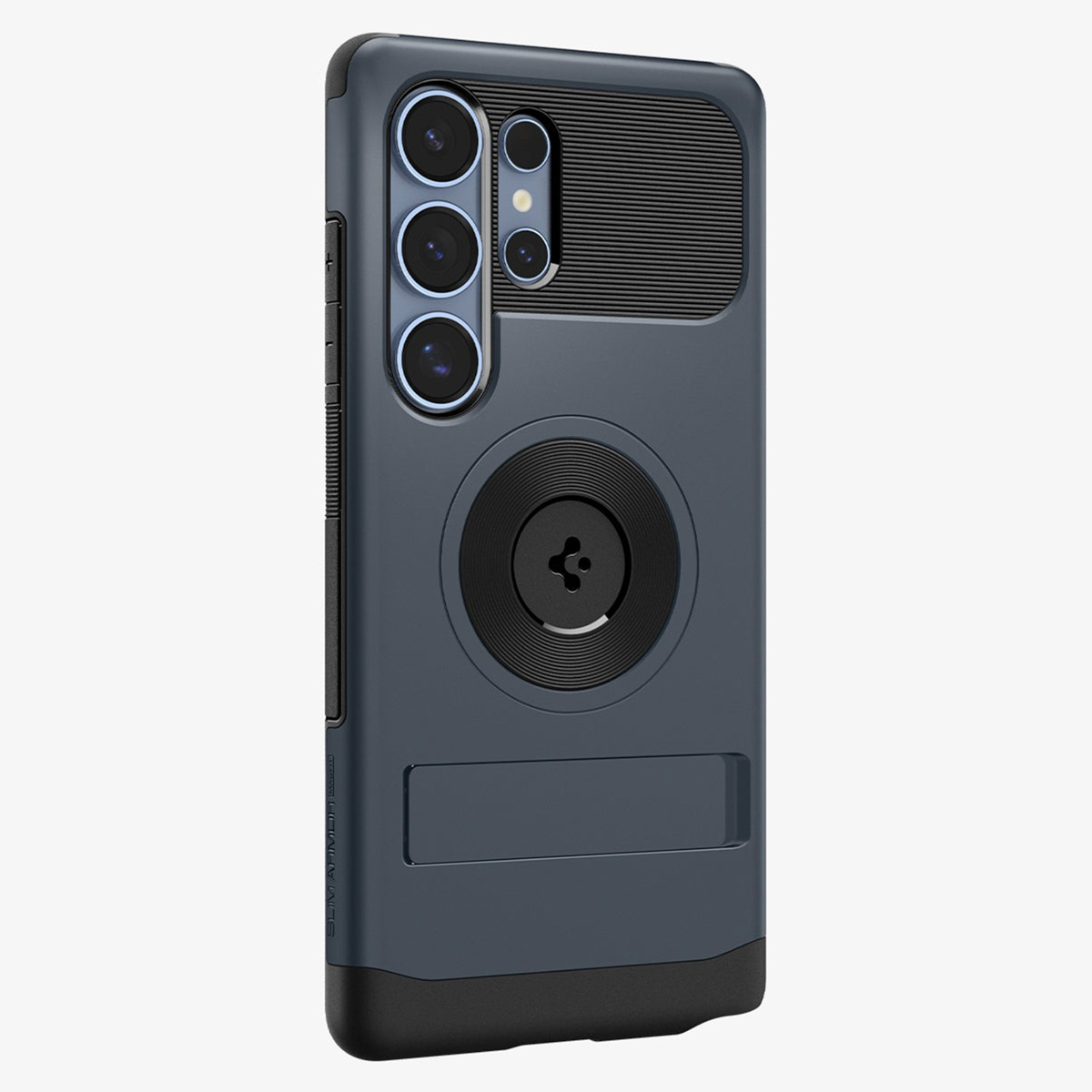 Donkerblauwe telefoonhoes met een zwarte uitsparing en een ringstandaard, camera-uitsparing.