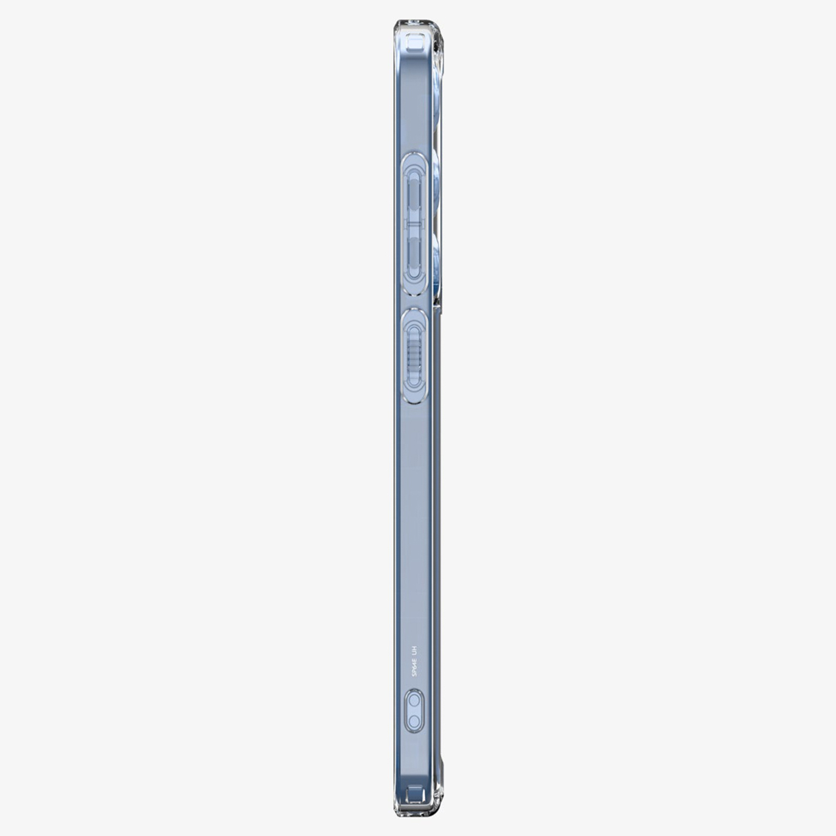 Une coque de téléphone transparente, montrant le profil latéral d'un téléphone avec des boutons et des ports visibles.