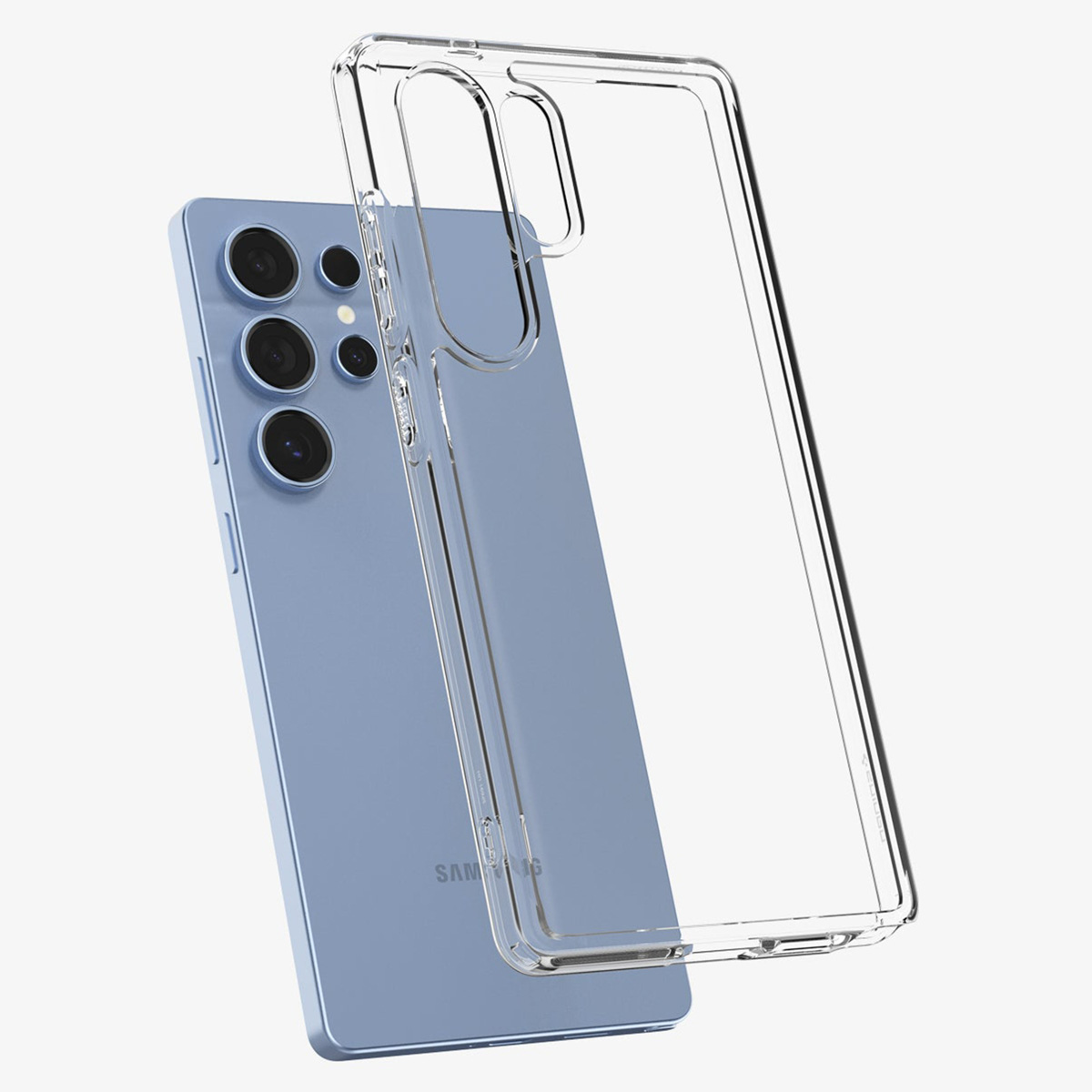 Téléphone bleu avec étui transparent à côté, sur fond blanc.