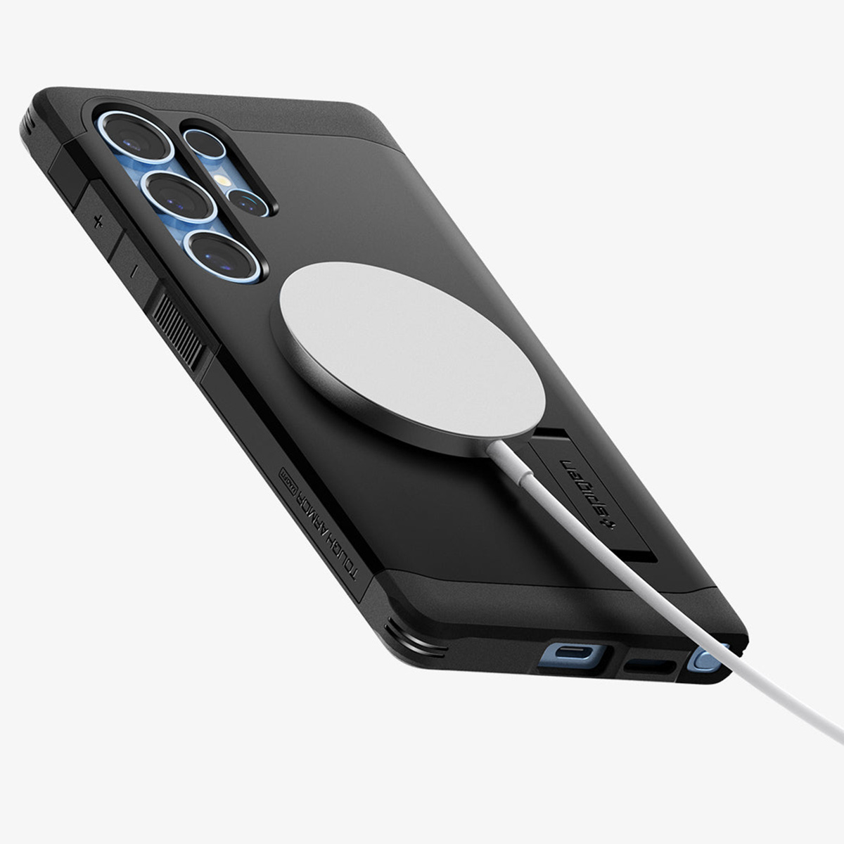 Zwarte telefoonhoes met een witte MagSafe-cirkel en een kabel. Zwart en grijs.