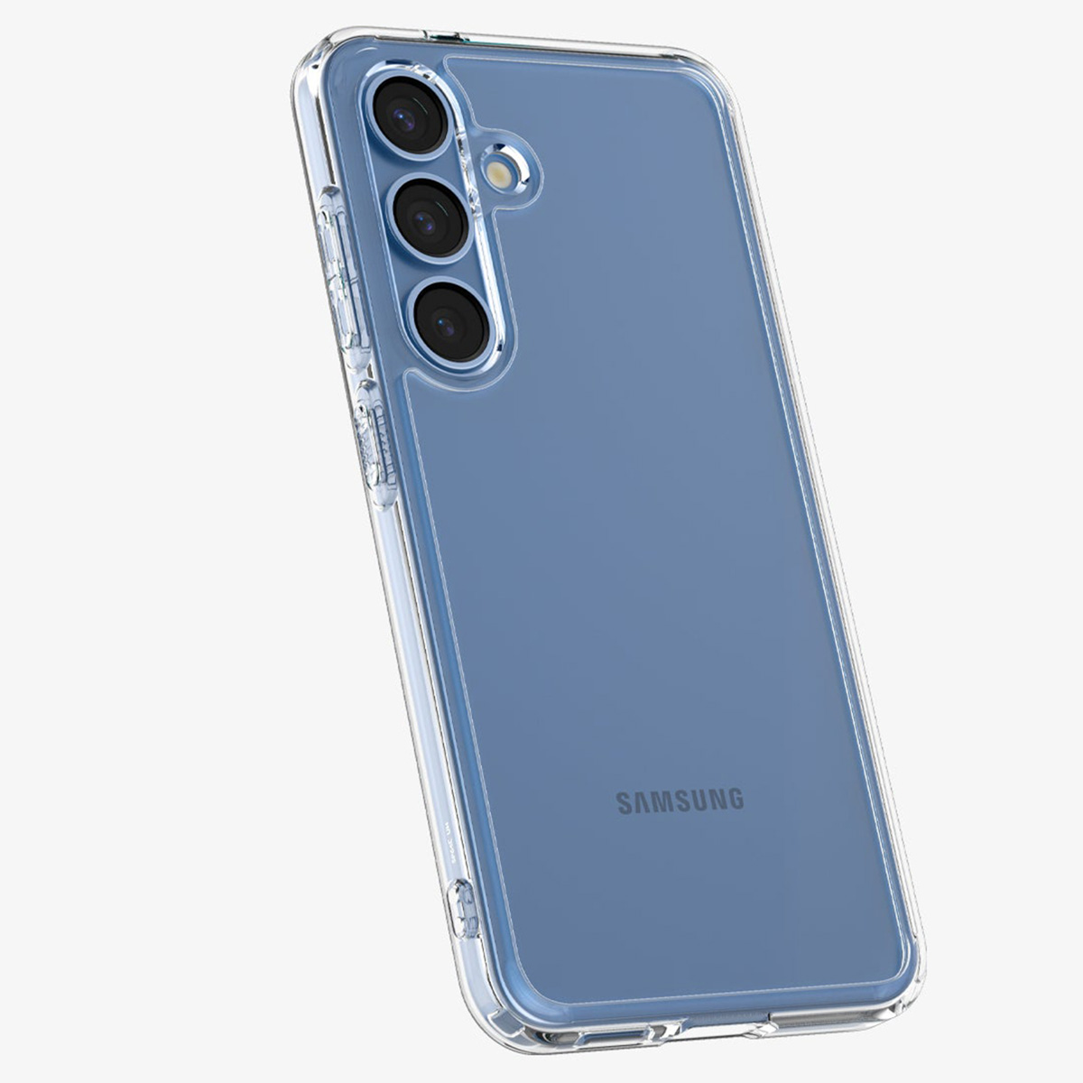 Coque de téléphone bleue avec trois objectifs d'appareil photo. Coque en plastique transparent.