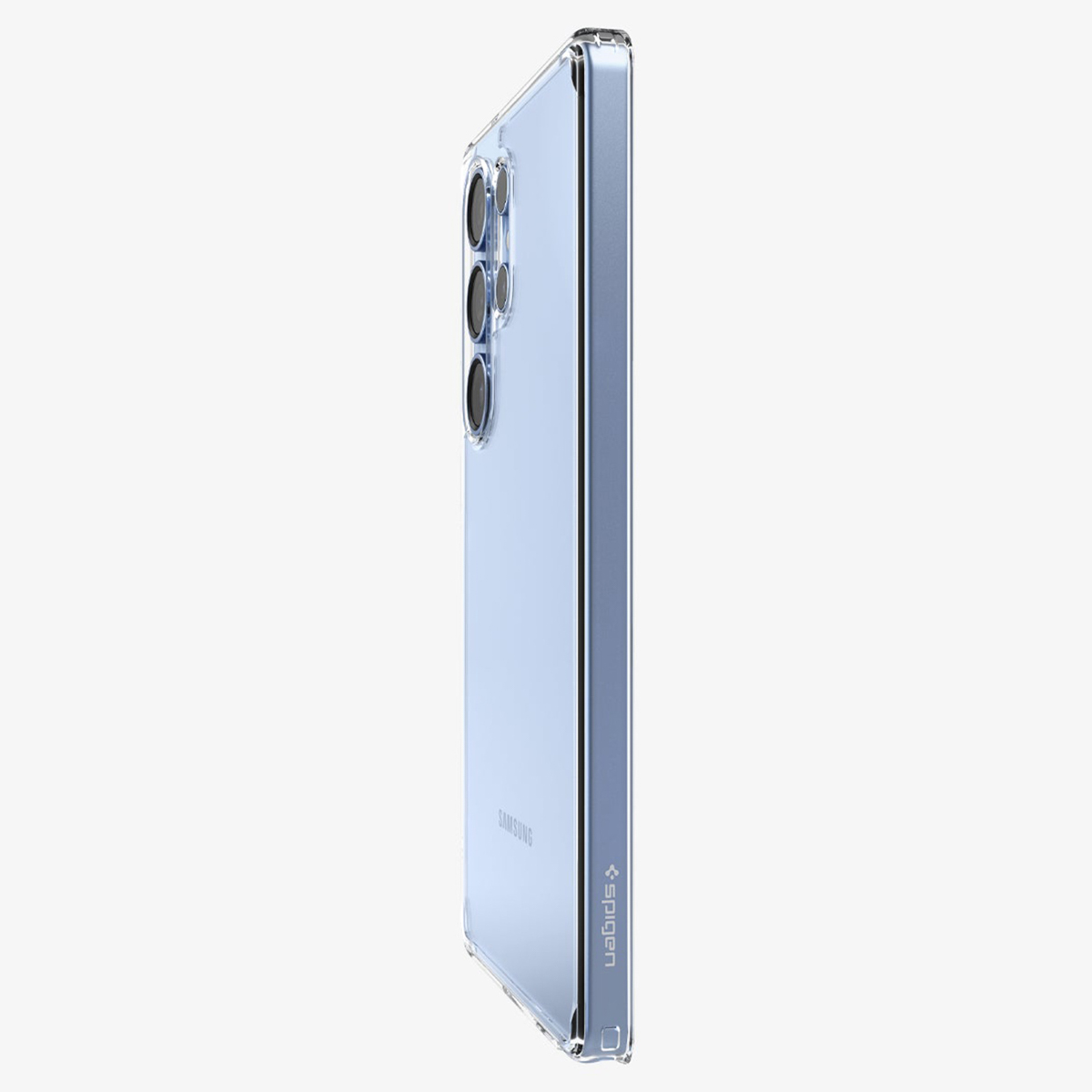Téléphone bleu clair avec étui transparent, vue latérale, fond blanc, montrant les lentilles de la caméra.